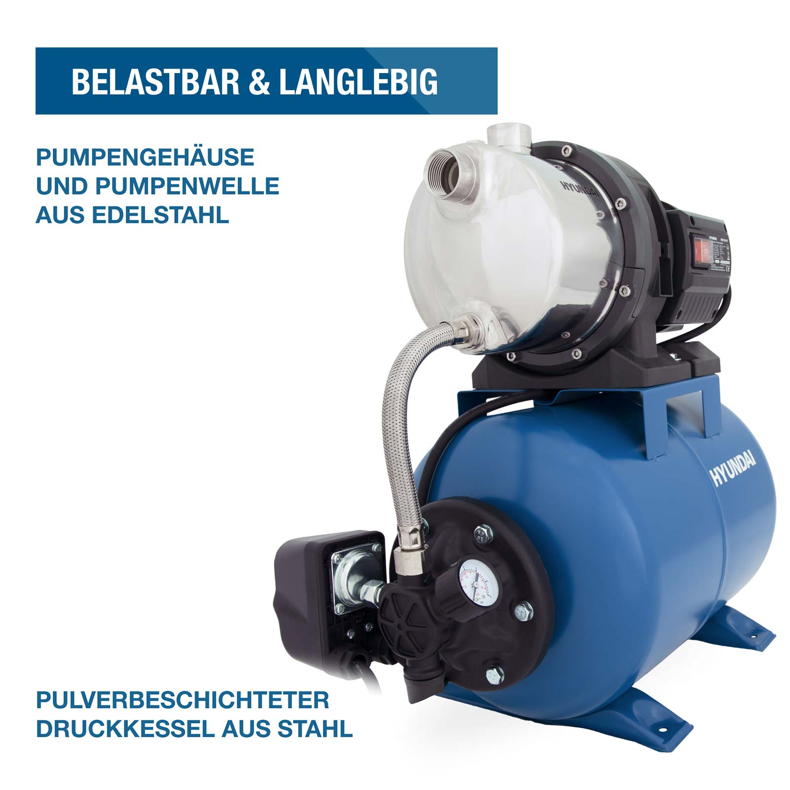 Eine Hyundai-Wasserpumpe mit Edelstahlgehäuse und blauem Stahltank auf weißem Hintergrund.