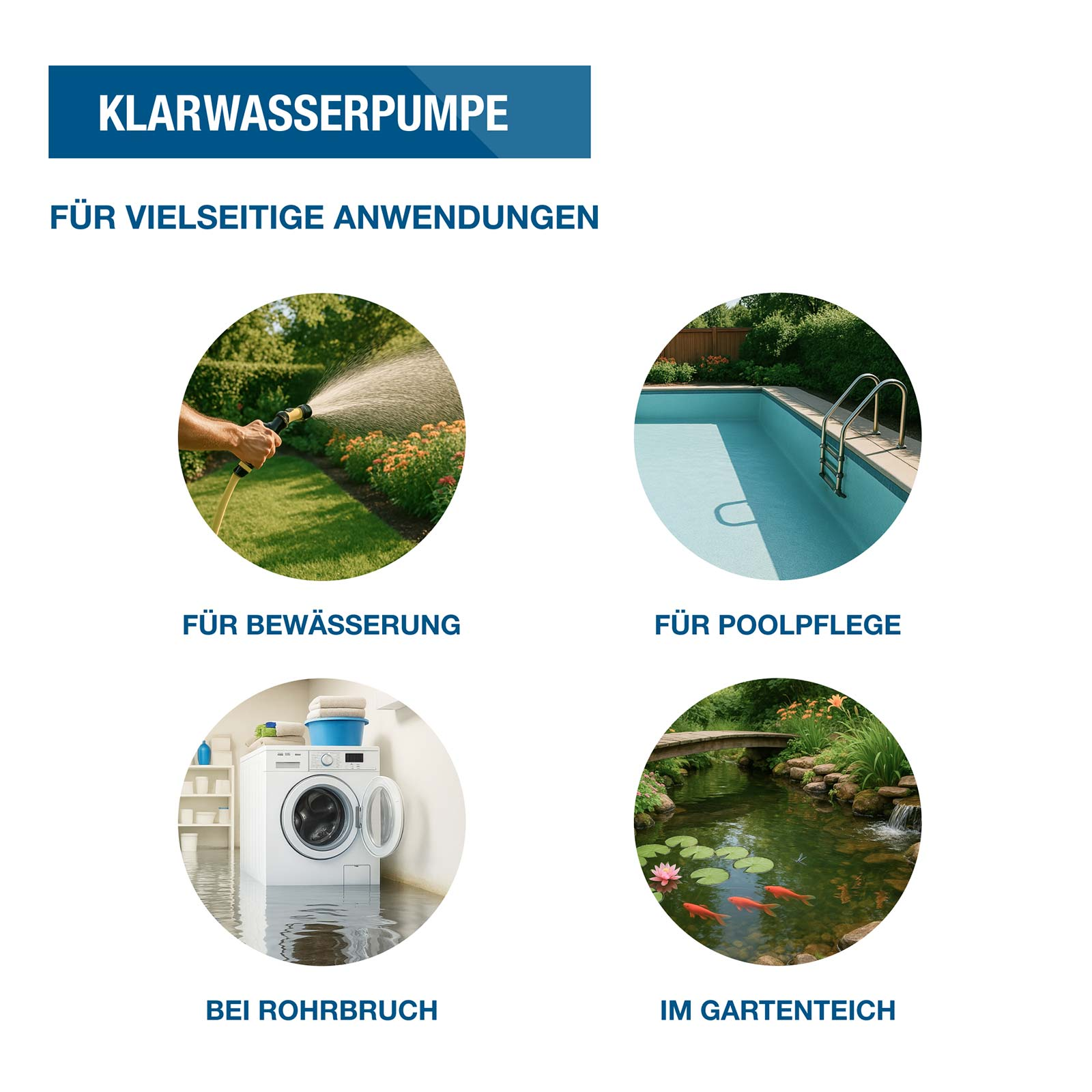 Grafik zeigt vier Anwendungsbereiche für Klarwasserpumpen: Bewässerung, Poolpflege, Rohrruch und Gartenteich.