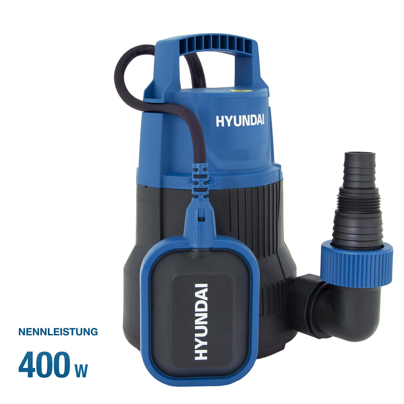 Blaue Hyundai 400W Tauchpumpe mit Schwimmerschalter und Anschlussstück auf weißem Grund.