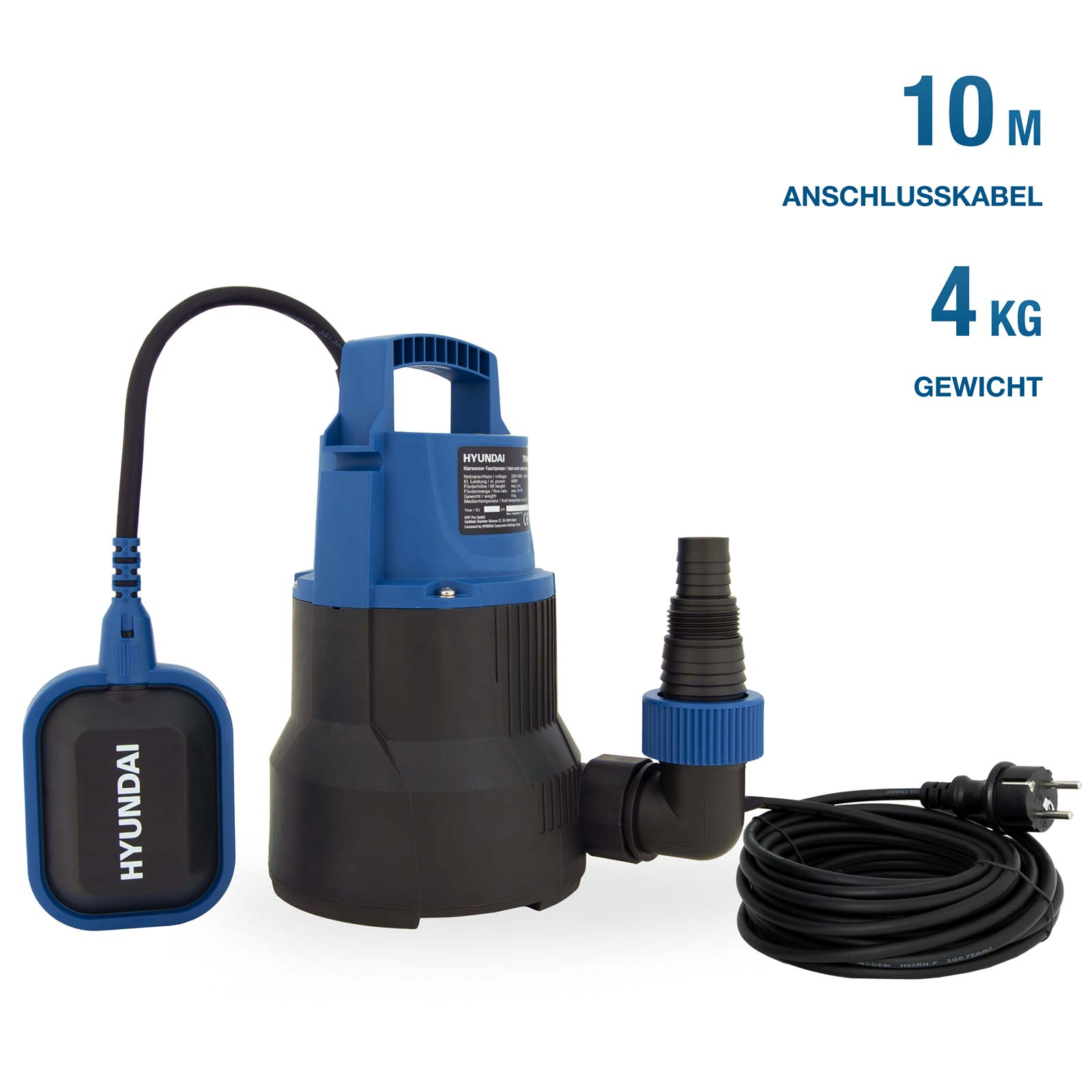 Blaue Hyundai Tauchpumpe mit 10m Kabel und 4kg Gewicht.