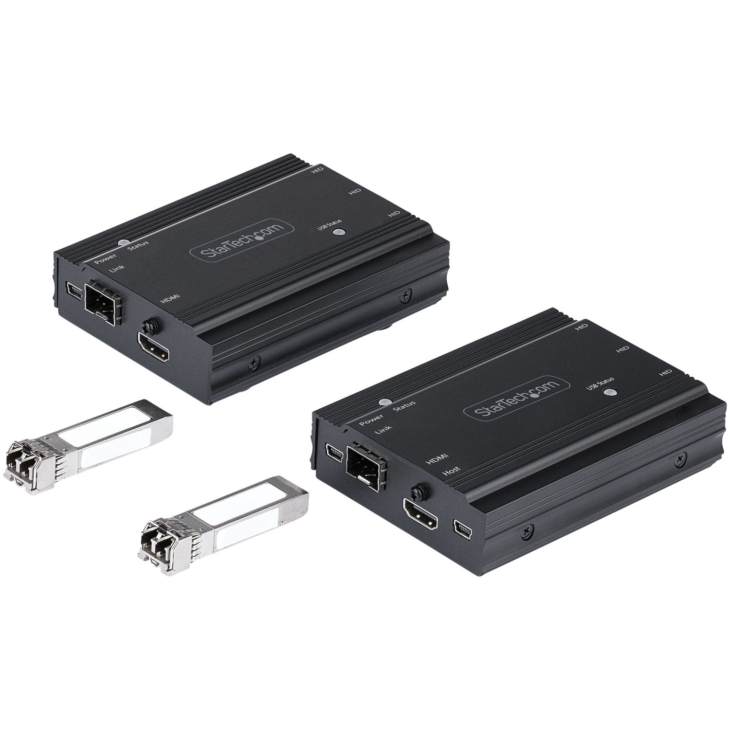 Due box extender neri StarTech.com con porte e due moduli SFP argentati su sfondo bianco.