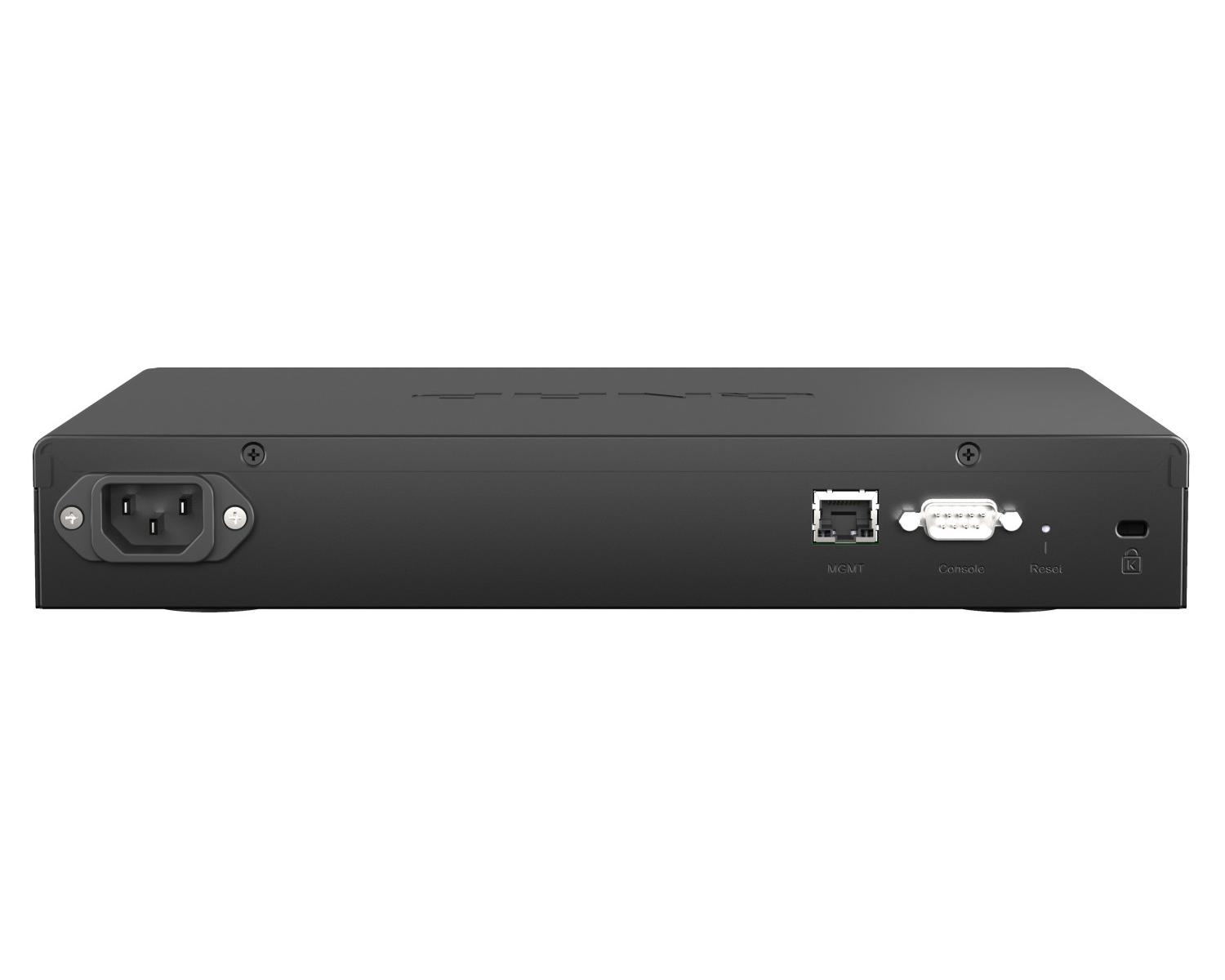 Vista posteriore di un dispositivo rack nero, con ingresso di alimentazione, porta MGMT, porta console e pulsante di reset.