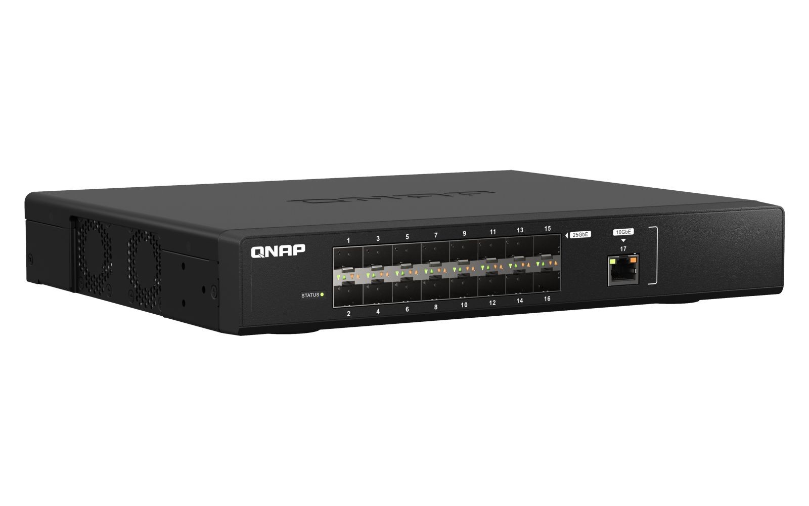 Switch di rete QNAP nero con 16 porte e una porta 10GbE su sfondo bianco.