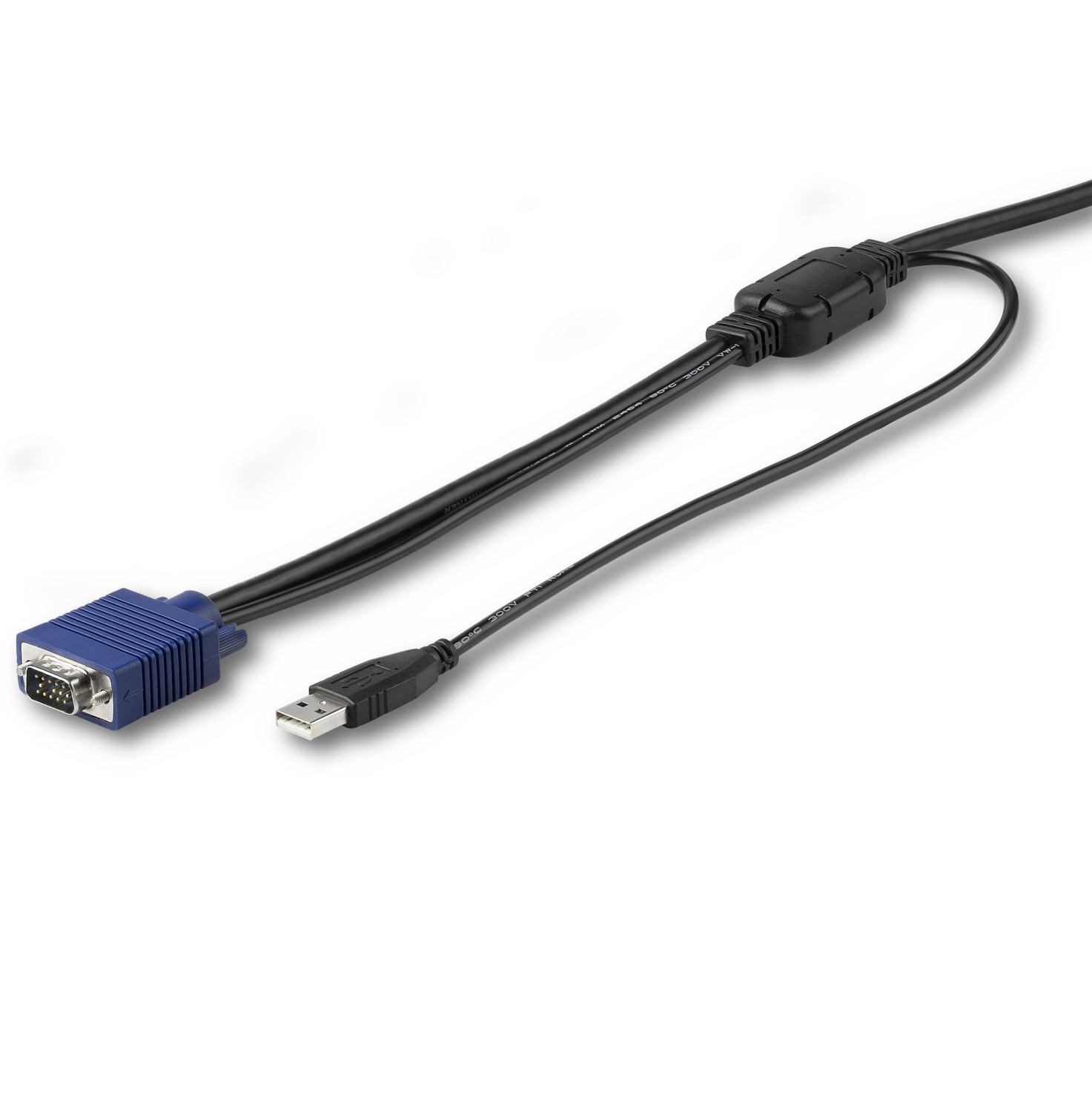 Ein schwarzes Kabel mit einem blauen VGA-Anschluss an einem Ende und einem USB-Stecker am anderen.