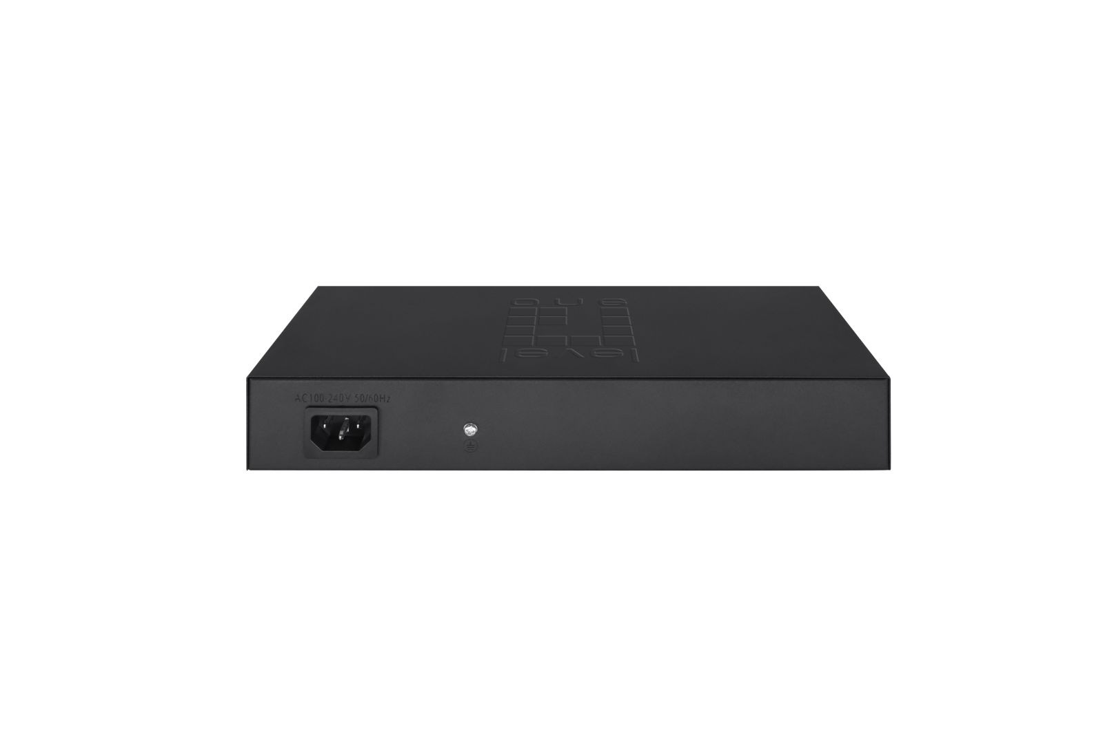 Dispositivo elettronico nero con presa di corrente e piccola vite su sfondo bianco.