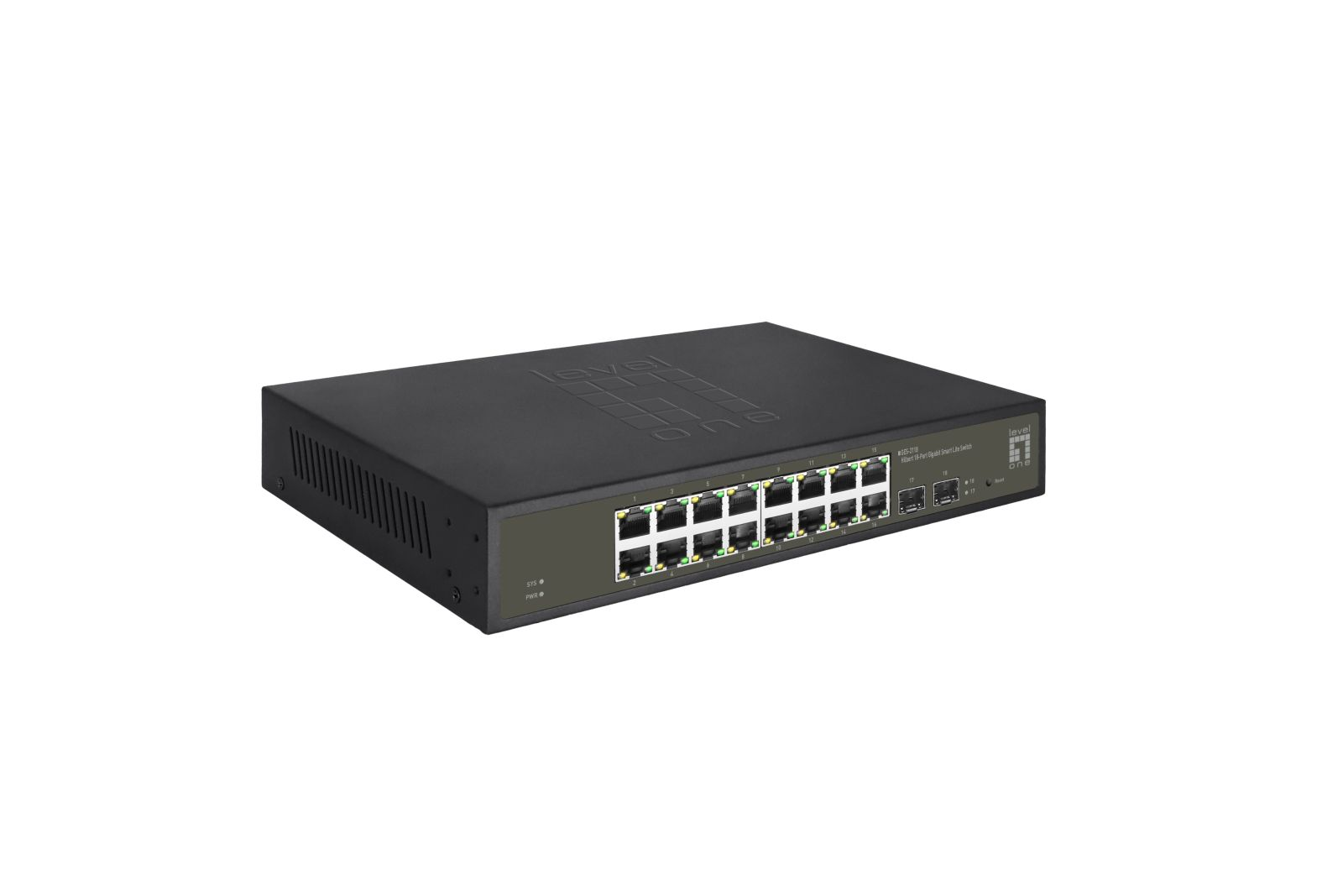 Uno switch di rete LevelOne nero con più porte Ethernet e spie di stato su sfondo bianco.