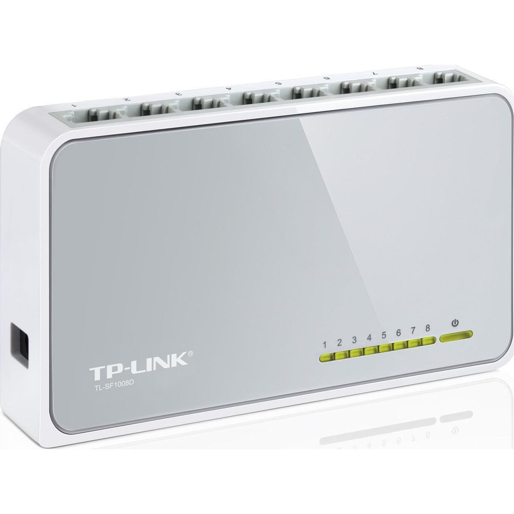 Ein weißer TP-Link 8-Port-Netzwerk-Switch mit LED-Anzeigen auf weißem Hintergrund.