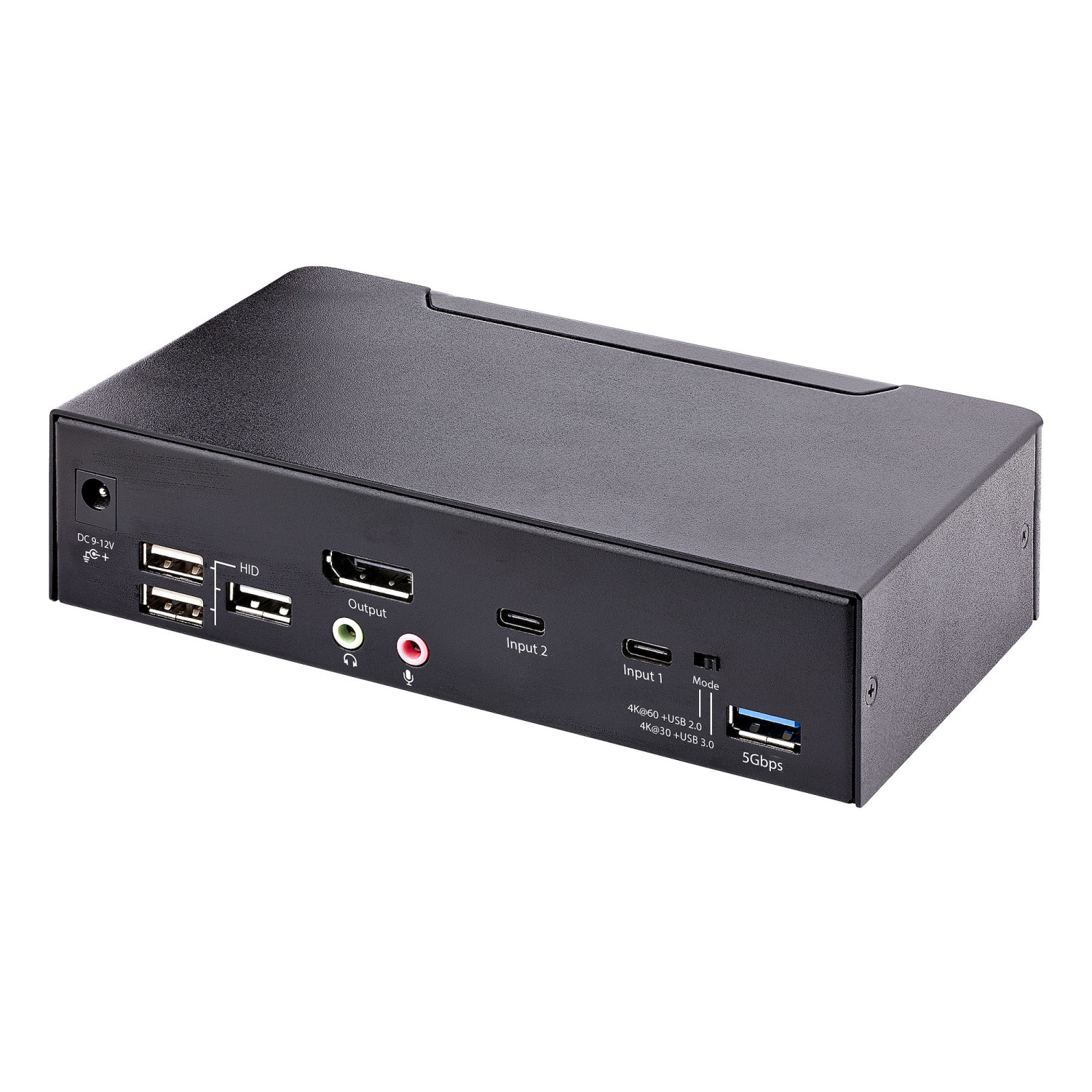 Box switch KVM nero con varie porte come USB, HDMI e audio sul pannello frontale.