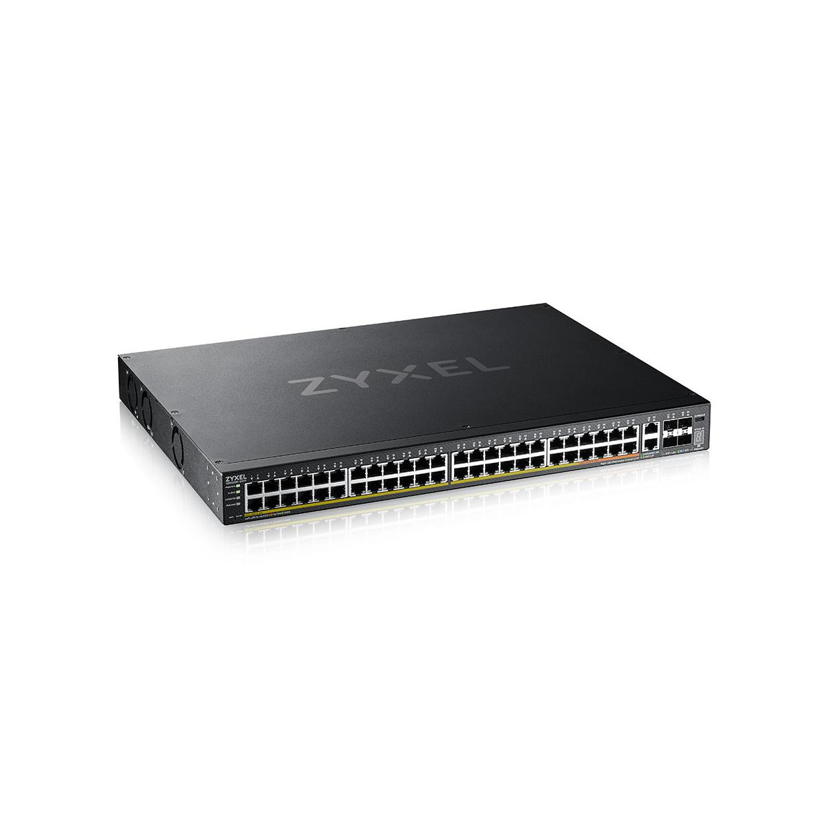 Switch di rete Zyxel nero con porte Ethernet multiple e logo del marchio sulla parte superiore.