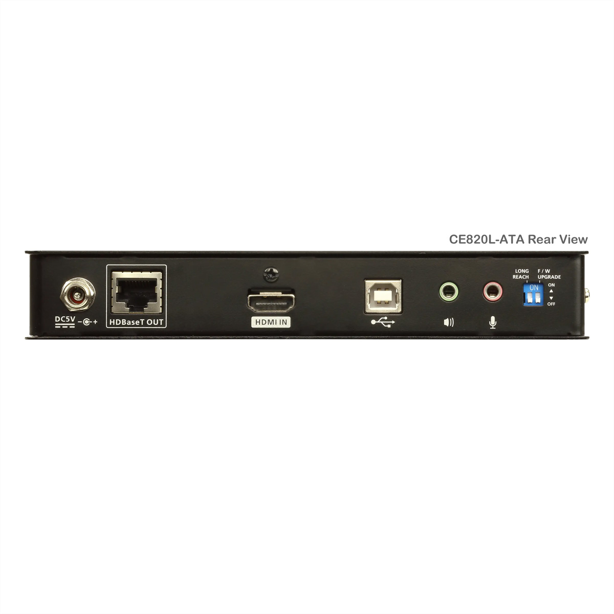 Vista posteriore del dispositivo CE820L-ATA con alimentazione, HDBaseT out, HDMI in, USB, porte audio e interruttori.