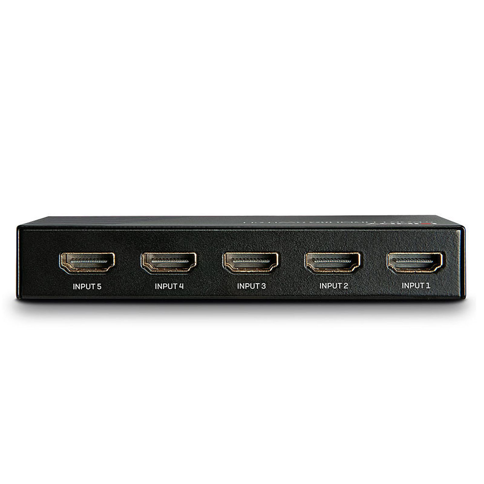 Uno switch HDMI nero con cinque porte di ingresso etichettate da uno a cinque su sfondo bianco.