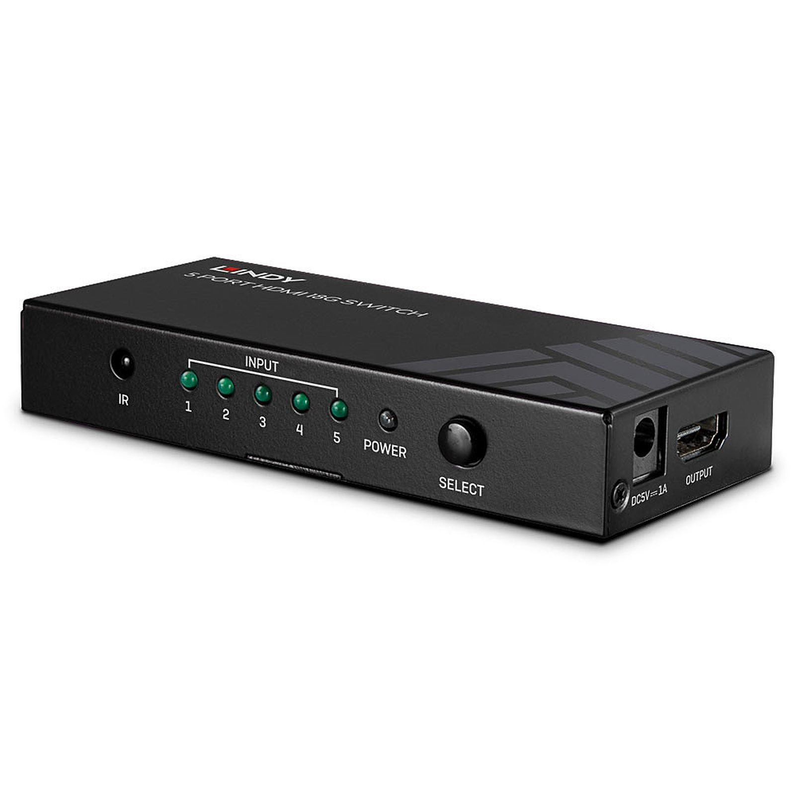 Switch HDMI nero Lindy a 5 porte con spie LED, etichette e pulsante di selezione su sfondo bianco.