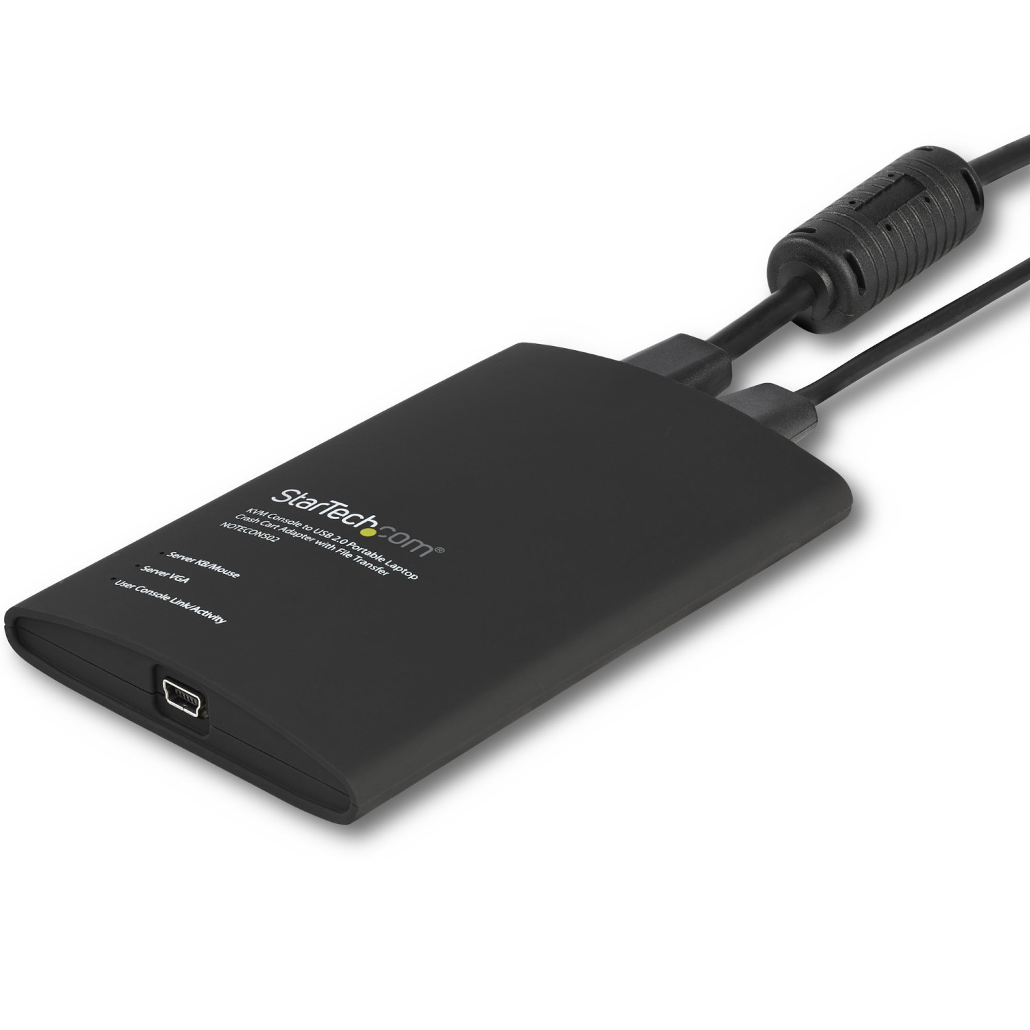 Schwarzer StarTech KVM Adapter mit angeschlossenen Kabeln auf weiem Hintergrund.