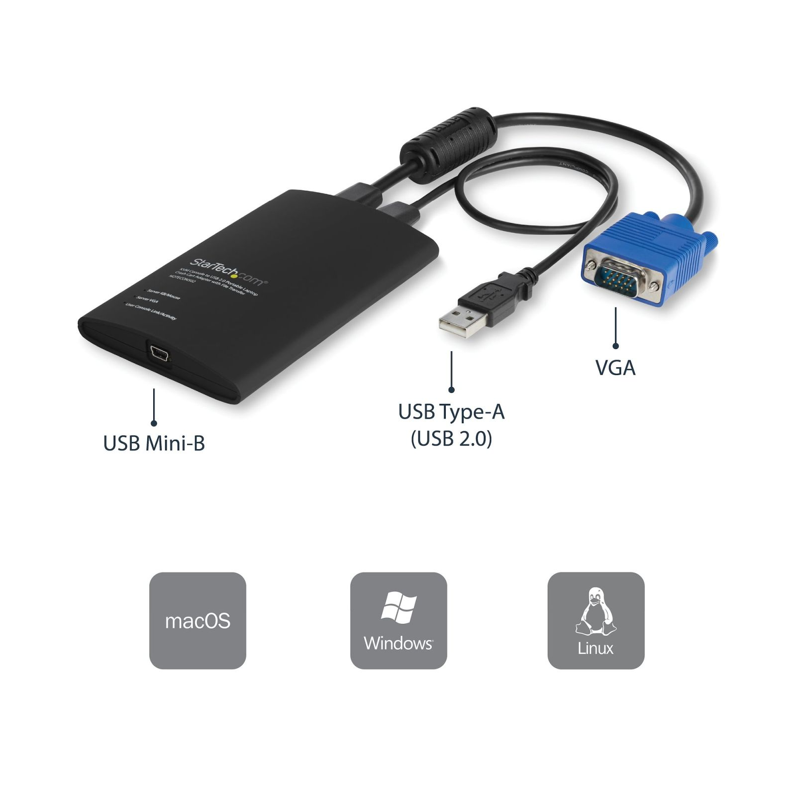 StarTech.com KVM Adapter mit USB-Mini-B, USB Type-A und VGA, kompatibel mit macOS, Windows und Linux.