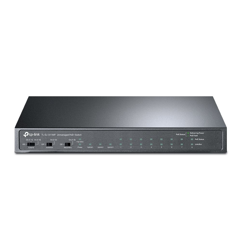 Uno switch di rete TP-Link grigio con diverse spie luminose e interruttori sul pannello frontale.