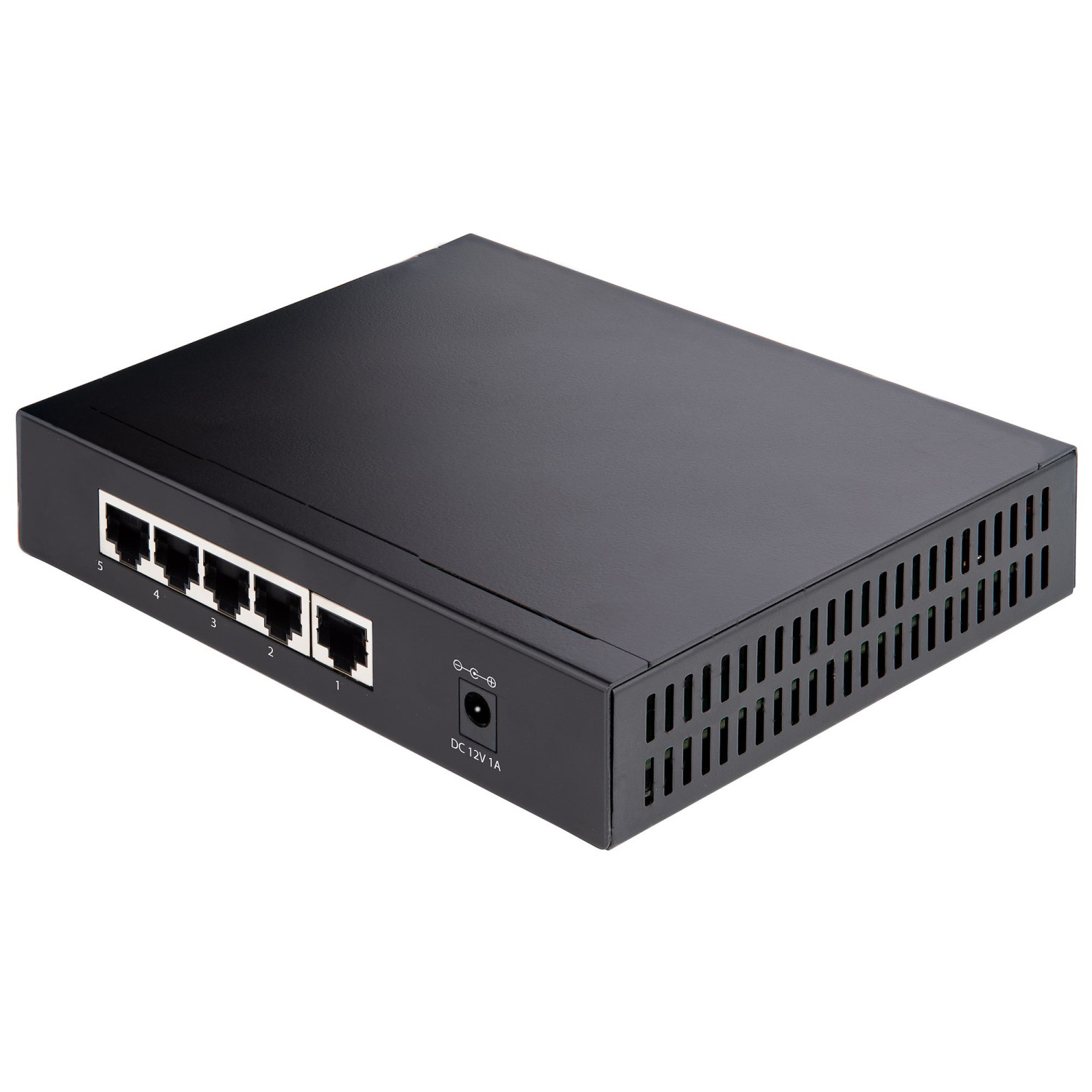 Ein schwarzer Netzwerk-Switch mit fünf Ethernet-Anschlüssen und einer DC-12V-Strombuchse auf weißem Hintergrund.