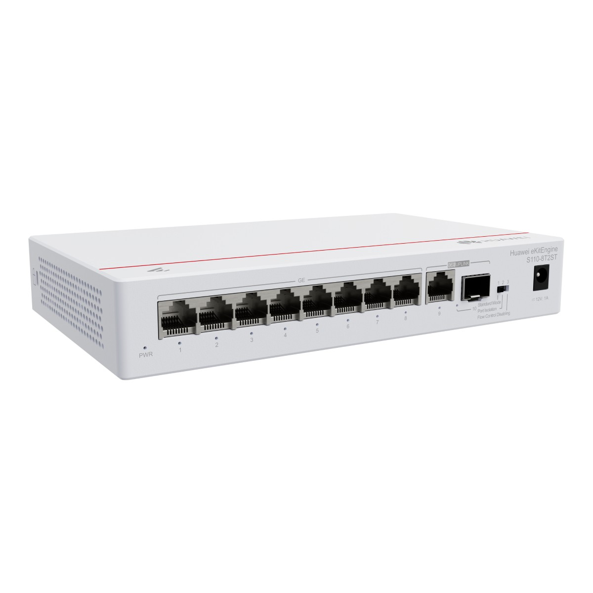 Uno switch di rete bianco Huawei eKitEngine S110-8T2ST con più porte ethernet su una superficie bianca.