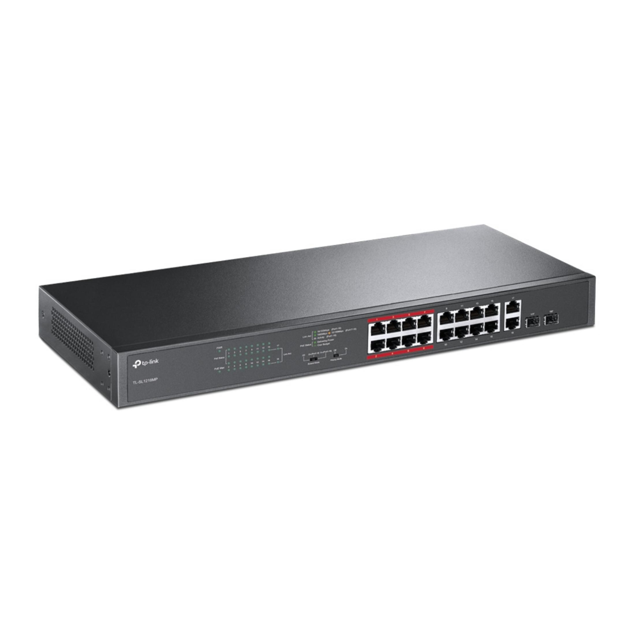 Un commutateur réseau TP-Link noir avec plusieurs ports Ethernet et voyants LED sur fond blanc.