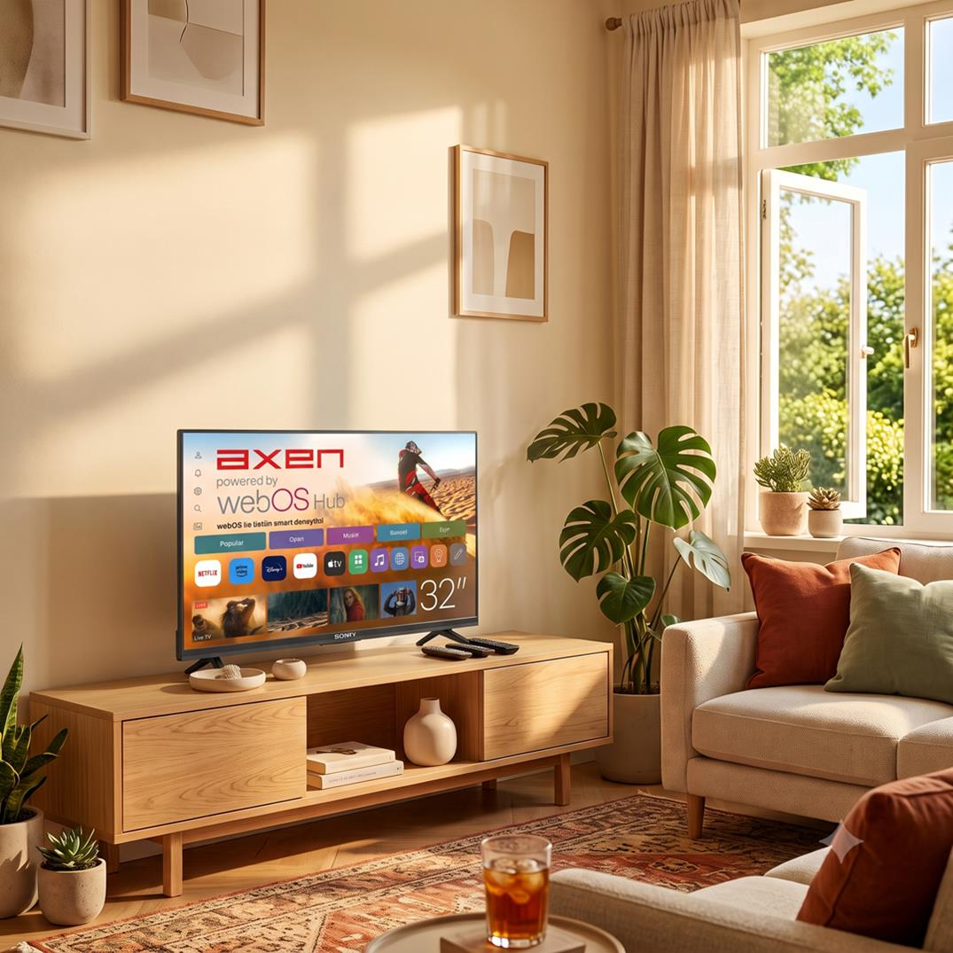 Bitkiler ve koltuk bulunan aydınlık ve rahat oturma odasında ahşap TV ünitesi üstünde Axen televizyon.