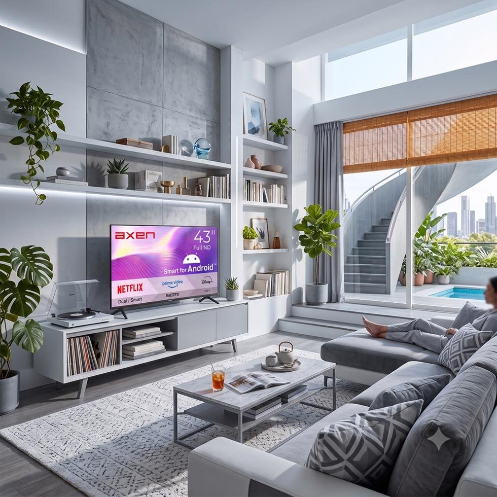 Televizyonlu, gri kanepeli, saksı bitkili ve dışarıda havuz manzaralı modern bir oturma odası.