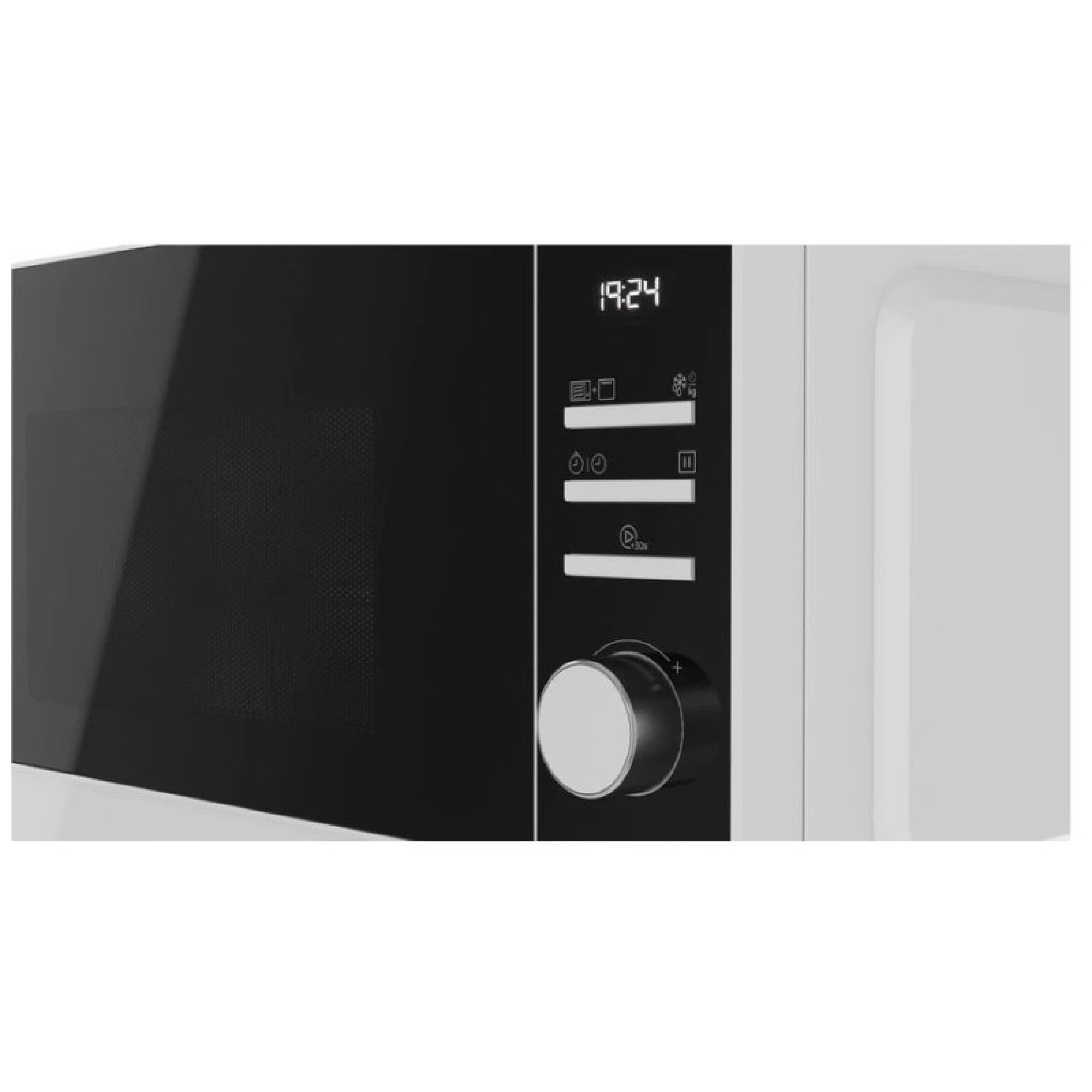 Primo piano di un forno a microonde bianco con pannello di controllo nero, orologio digitale, pulsanti e manopola.