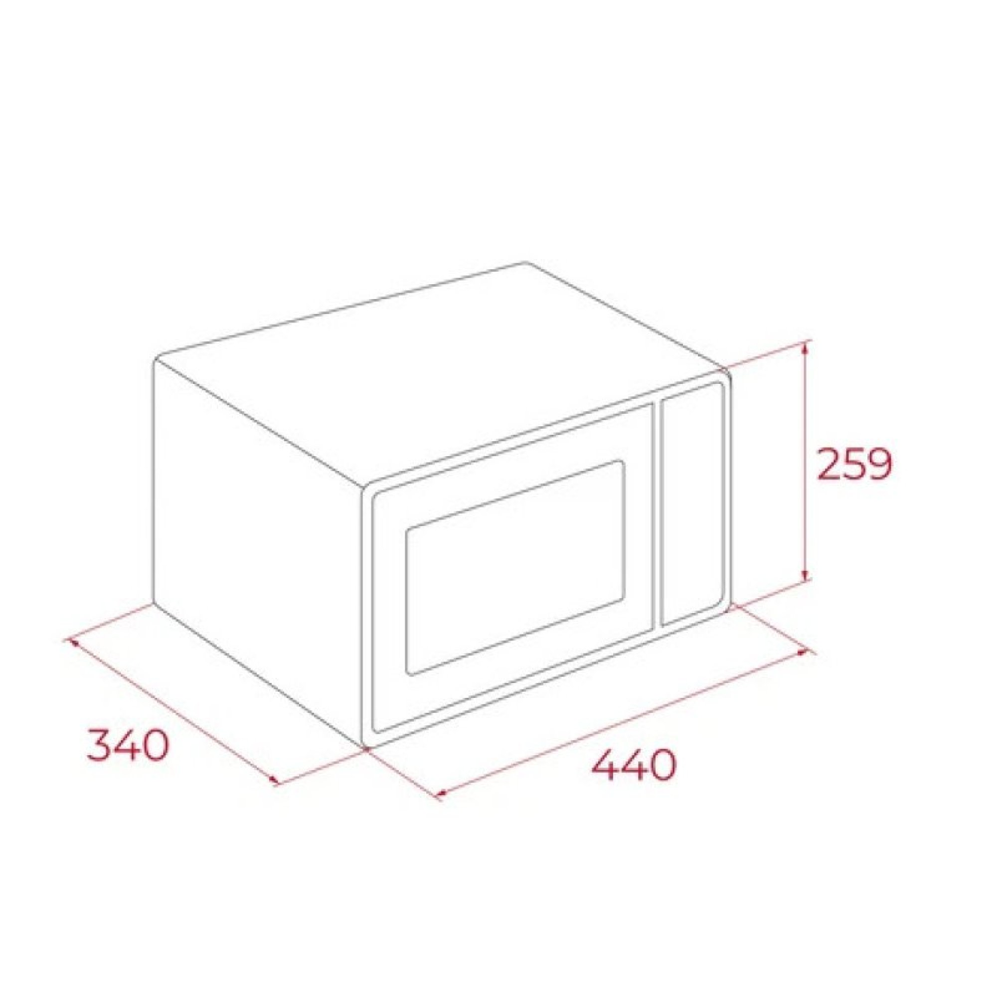 Disegno al tratto di un microonde con linee di quota rosse che indicano larghezza 440, profondità 340 e altezza 259.