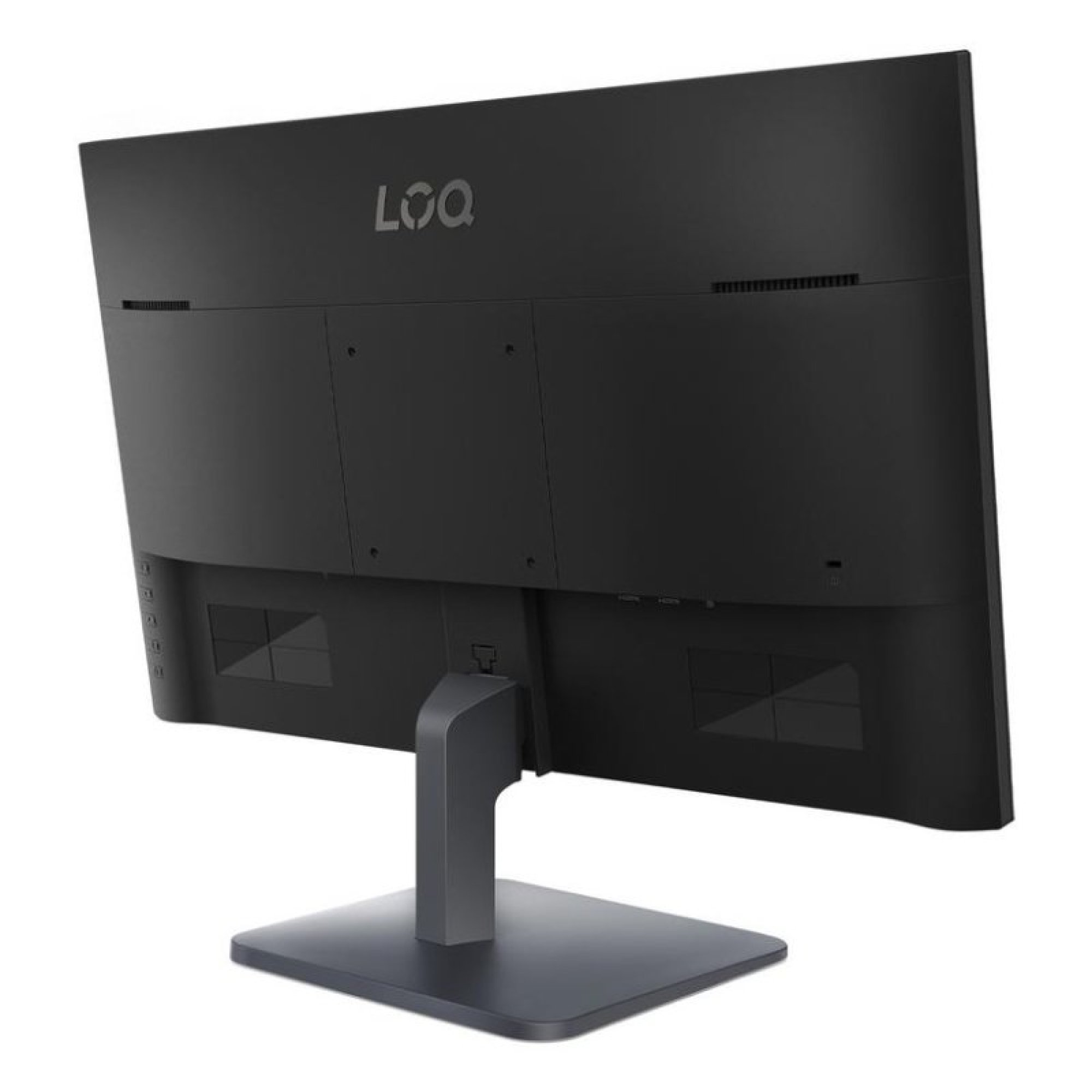 La parte trasera de un monitor LOQ negro con soporte sobre fondo blanco.