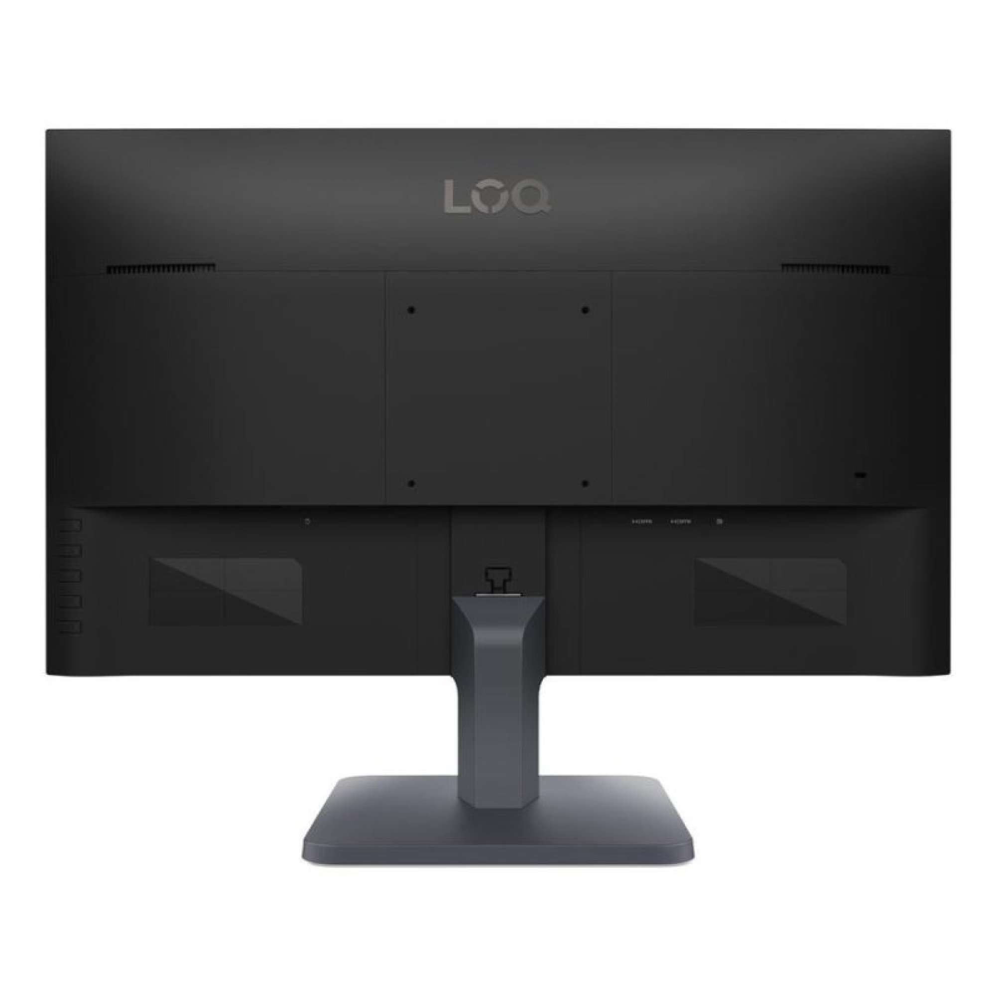 Vista trasera de un monitor negro LOQ con soporte sobre fondo claro.