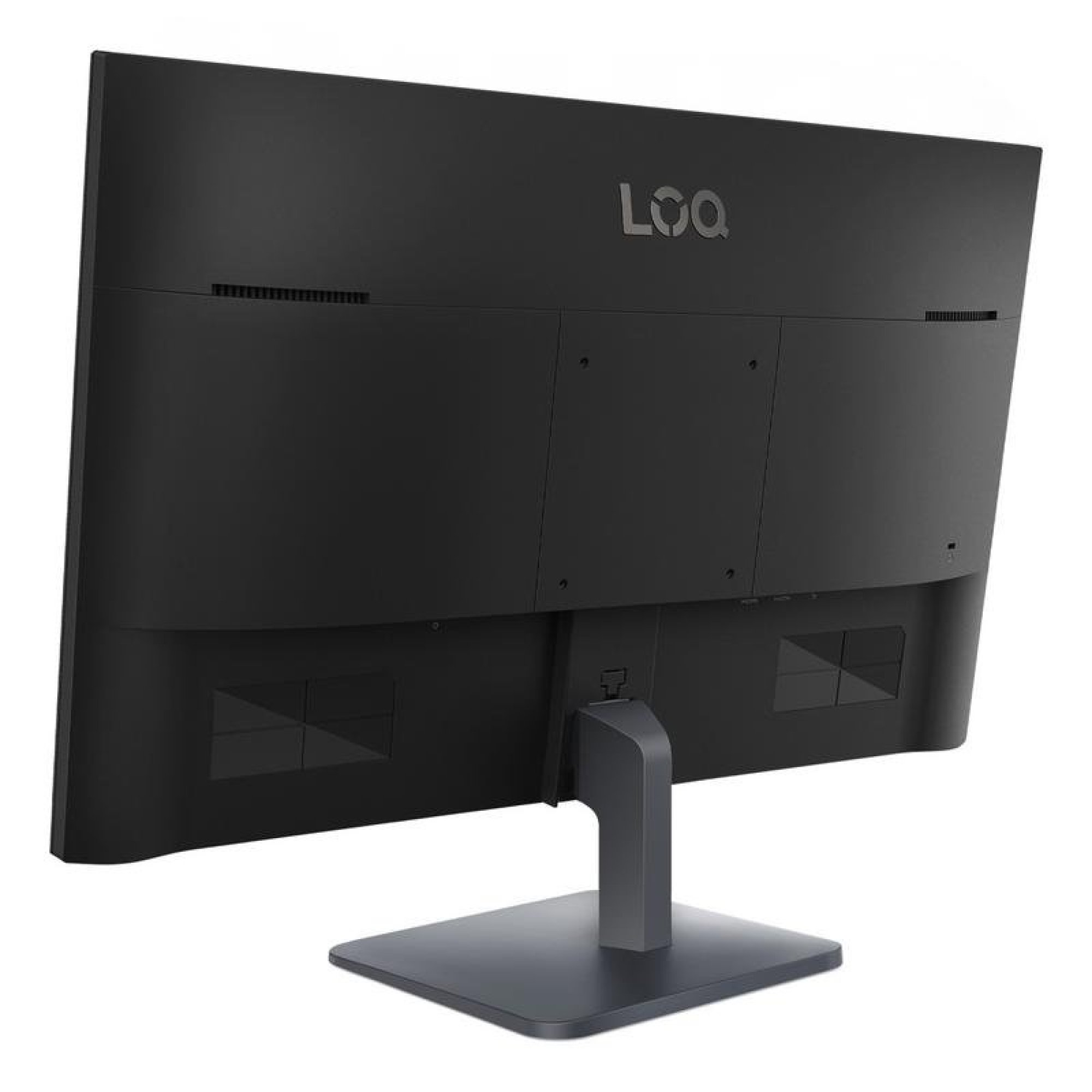 Vista trasera de un monitor Lenovo LOQ negro con su soporte sobre fondo blanco.