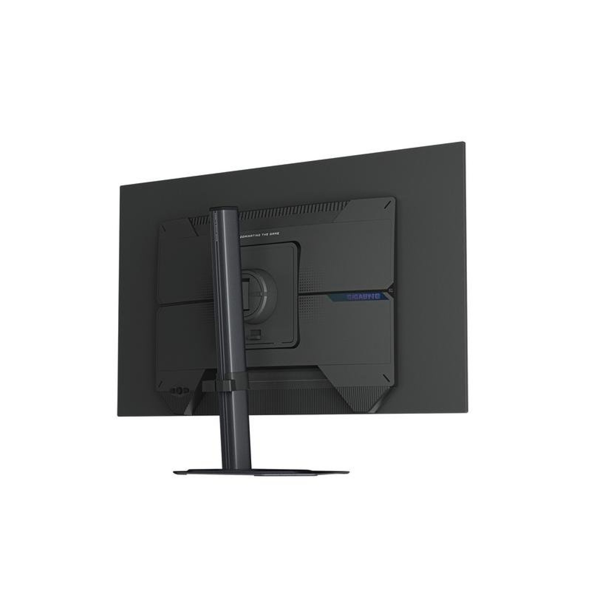 Rückseite eines schwarzen Monitors mit Standfuß auf weißem Hintergrund.