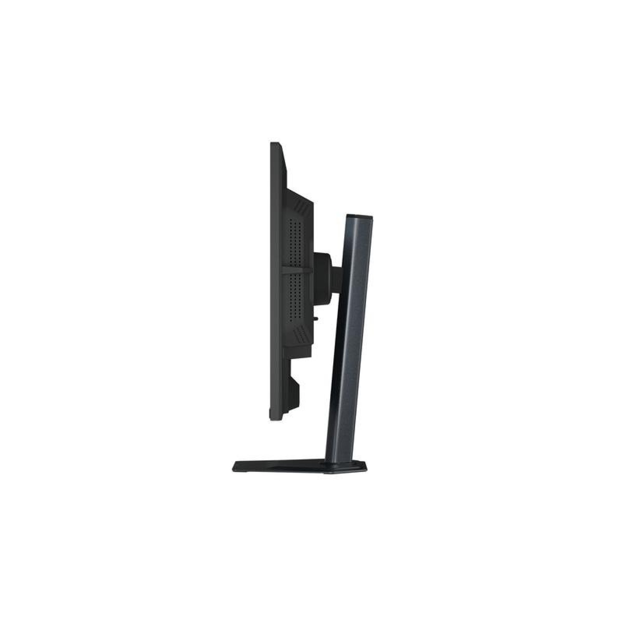 Seitenansicht eines schwarzen Computermonitors auf stabilem Standfuß, freigestellt auf weiß.