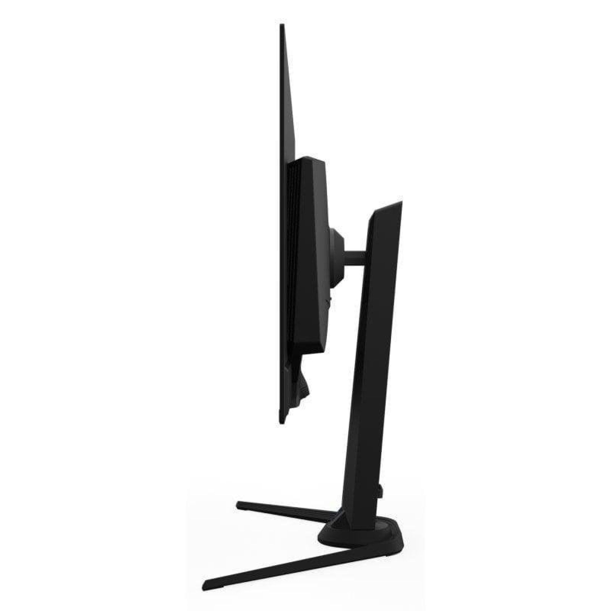 Seitenansicht eines schlanken schwarzen Computerbildschirms auf einem stabilen Standfuß vor weißem Hintergrund.