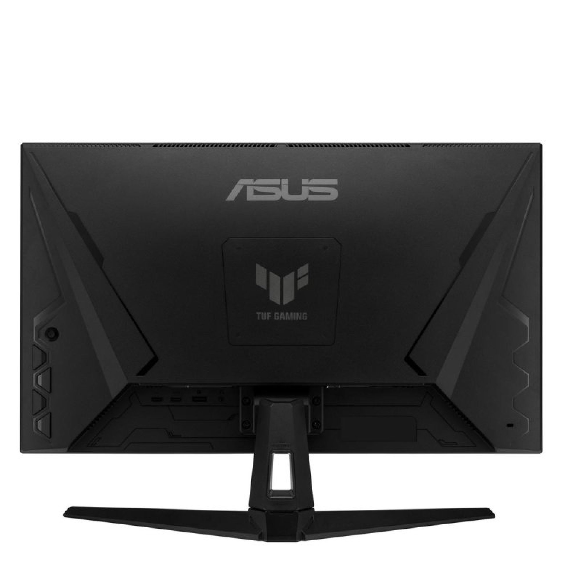 Vista trasera de un monitor ASUS TUF Gaming negro con diseño geométrico, soporte y botones de control a la izquierda.