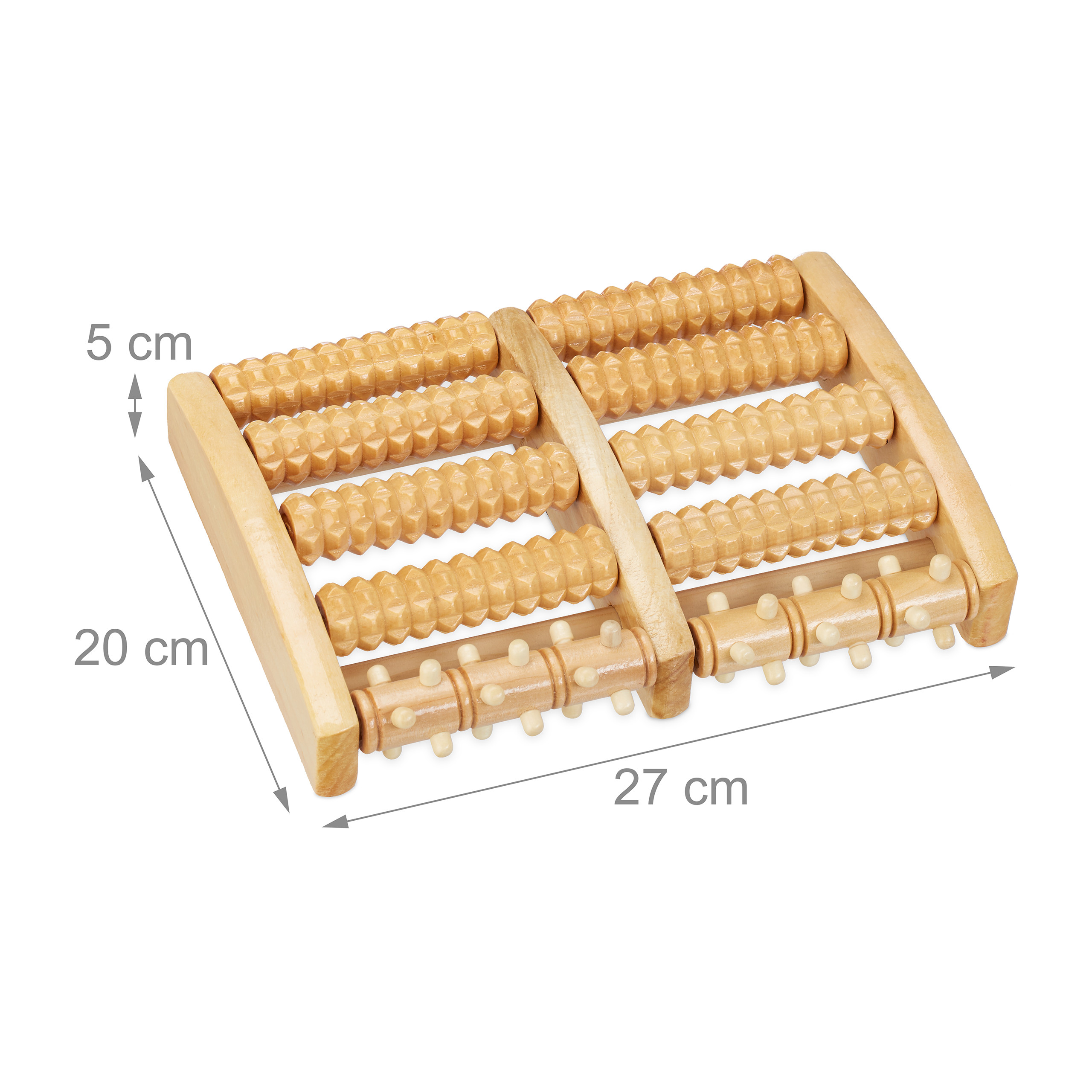 Holzfußmassagegerät mit Maßen von 27x20x5 cm und gerillten Rollen.