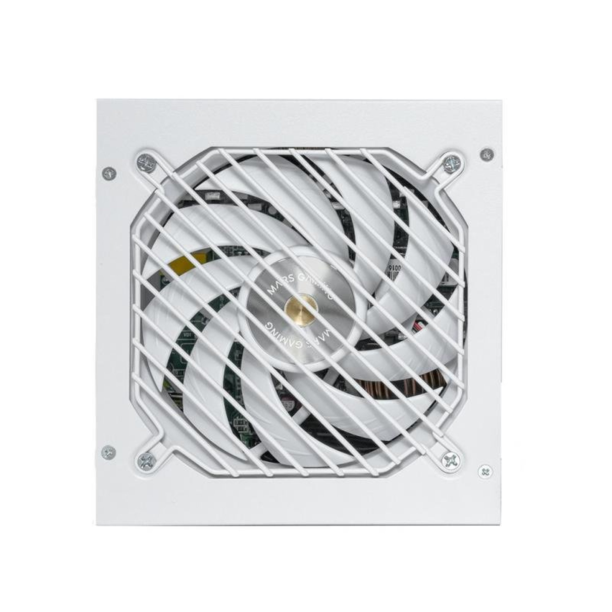 Un alimentatore per computer bianco con griglia e ventola integrata.
