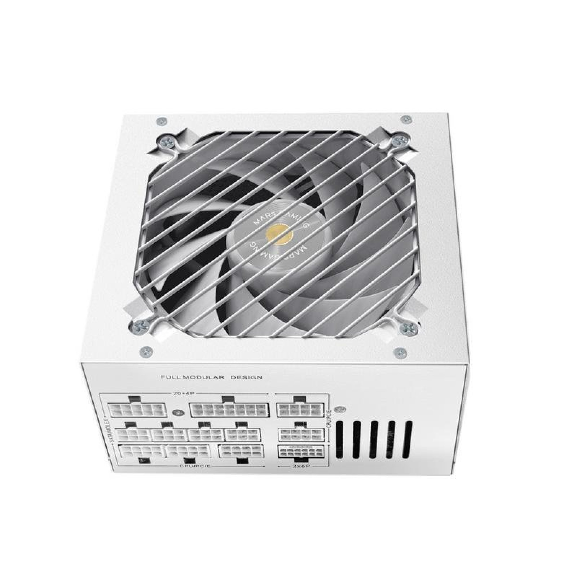 Un alimentatore per PC bianco con pannello modulare e ventola con griglia metallica.