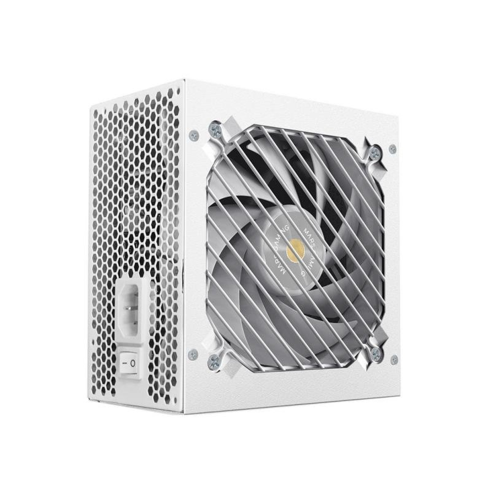 Un alimentatore per PC bianco con una grande ventola integrata e un logo rotondo dorato al centro.