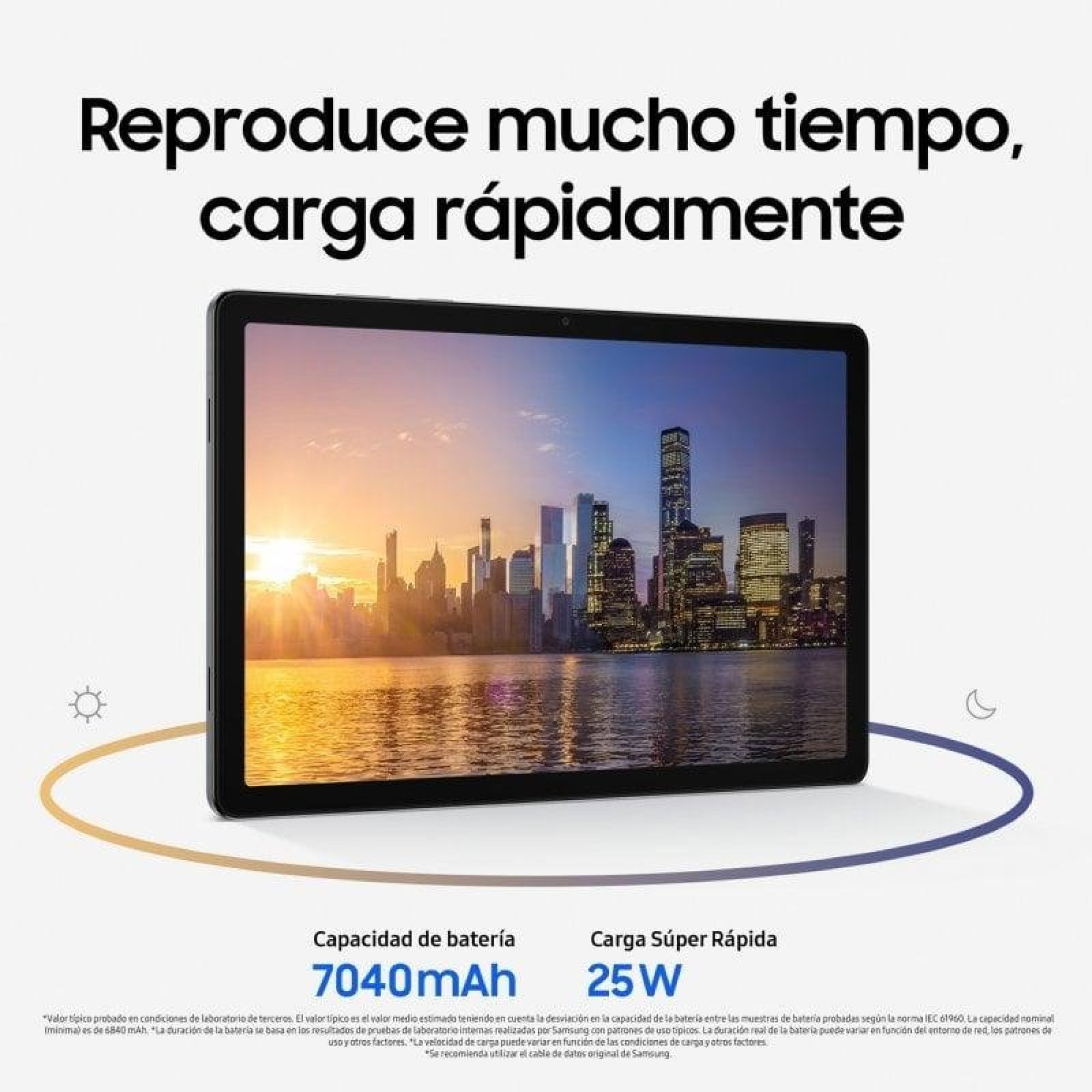 Une tablette affiche un coucher de soleil sur une ville. En bas figurent 7040mAh et 25W.