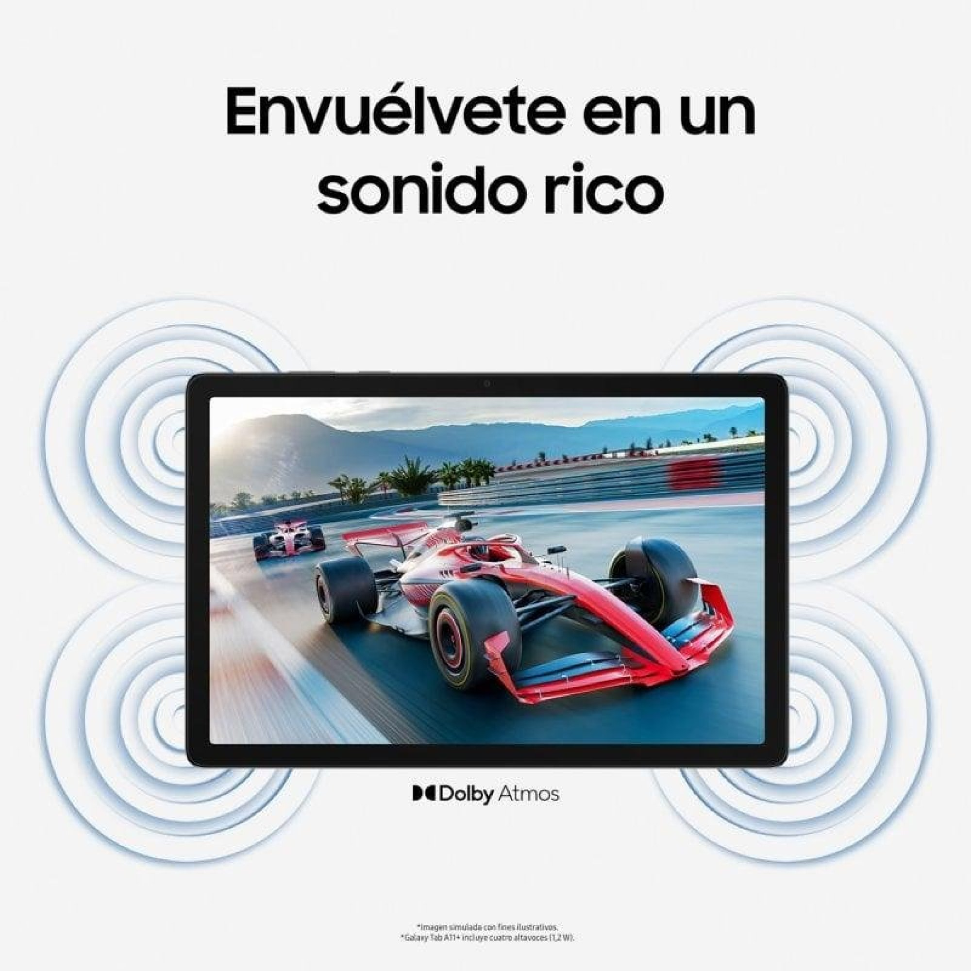 Une tablette affiche une voiture de course rouge avec des graphiques d'ondes sonores sur les côtés et du texte.