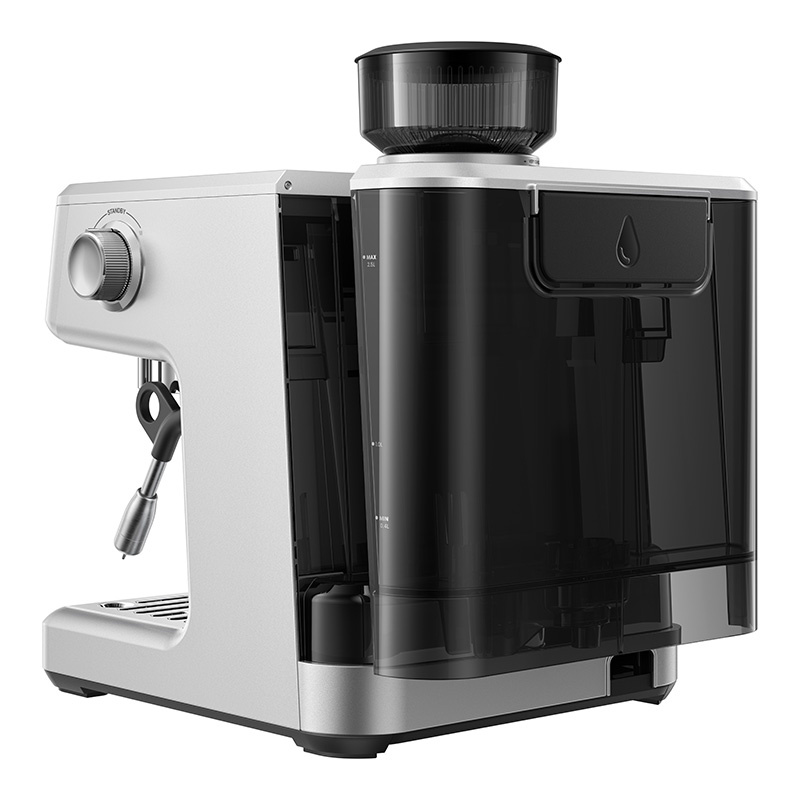 Moderna macchina per caffè espresso argento con serbatoio dell'acqua nero e tramoggia.
