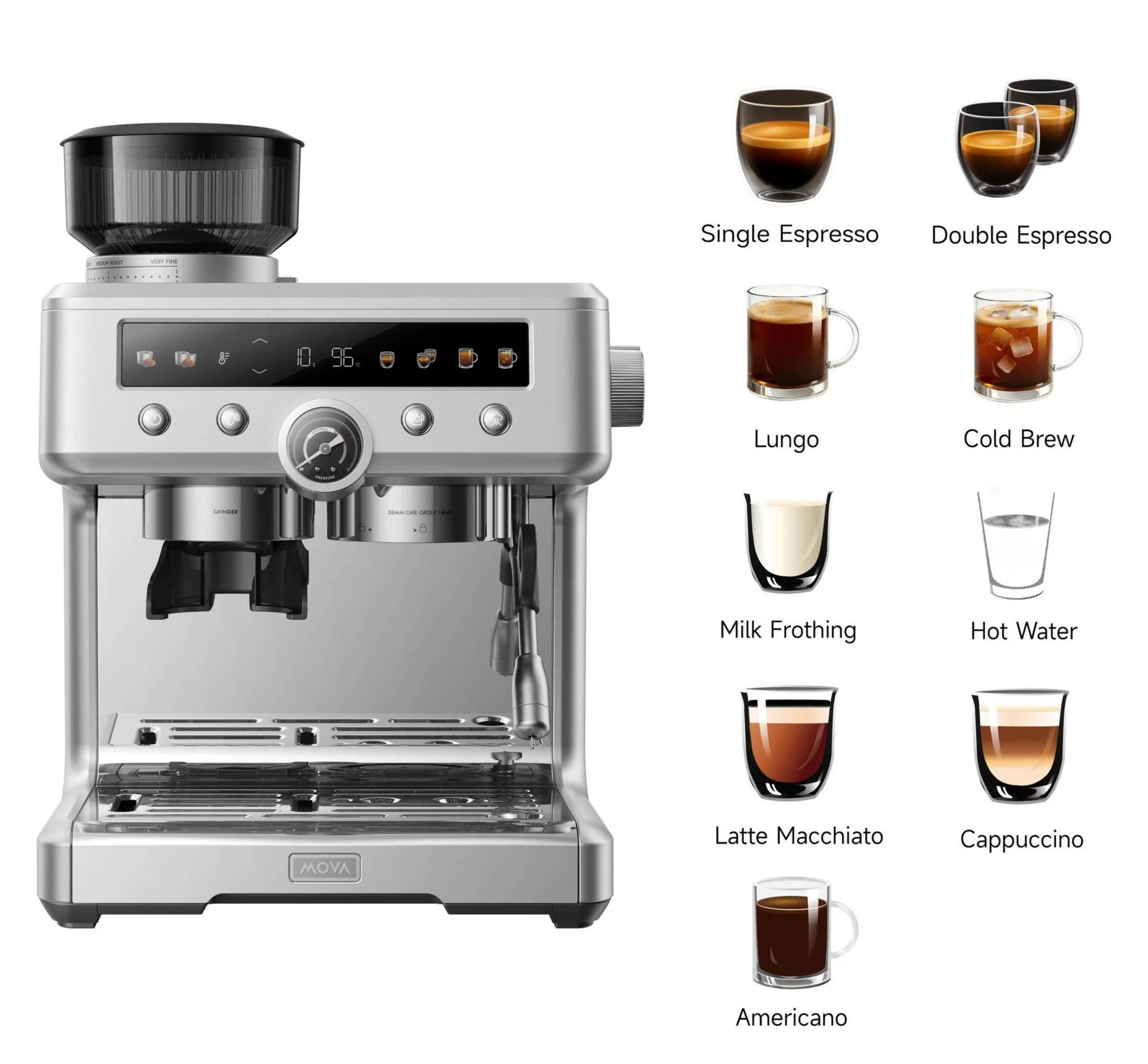 Macchina da caffè espresso argentata con macinacaffè integrato e opzioni di bevande a destra.
