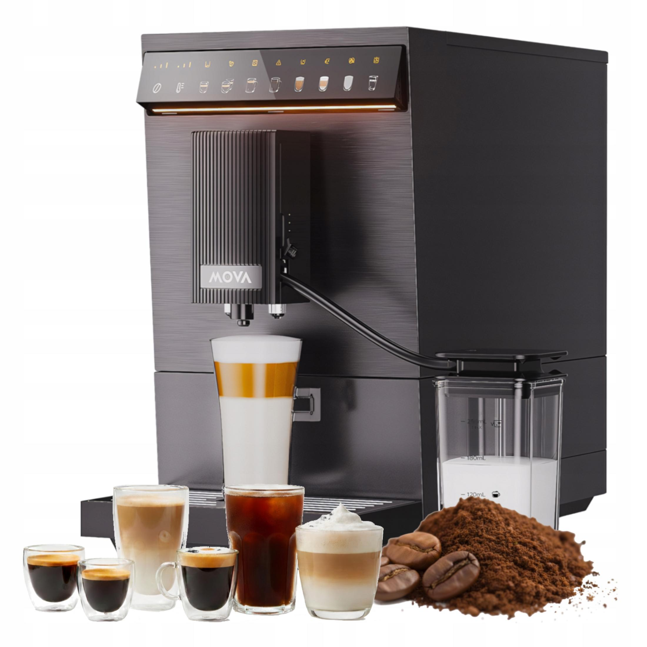 Una macchina da caffè Mova nera con contenitore del latte, circondata da bevande, chicchi e macinato.