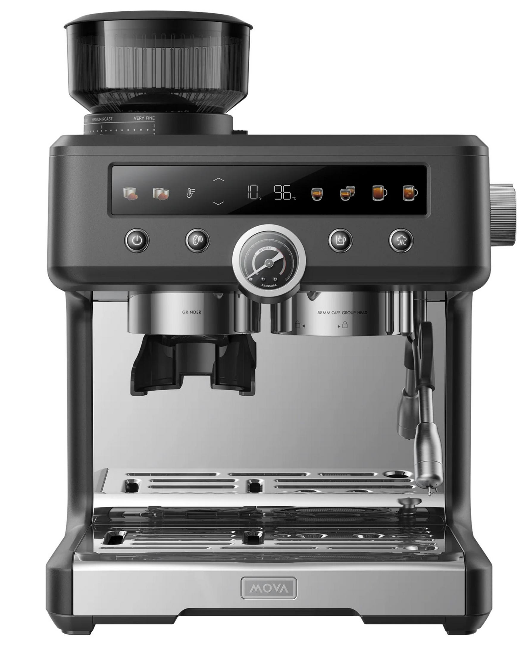 Moderna macchina da caffè nera con display digitale, macinacaffè integrato e dettagli in acciaio inossidabile.