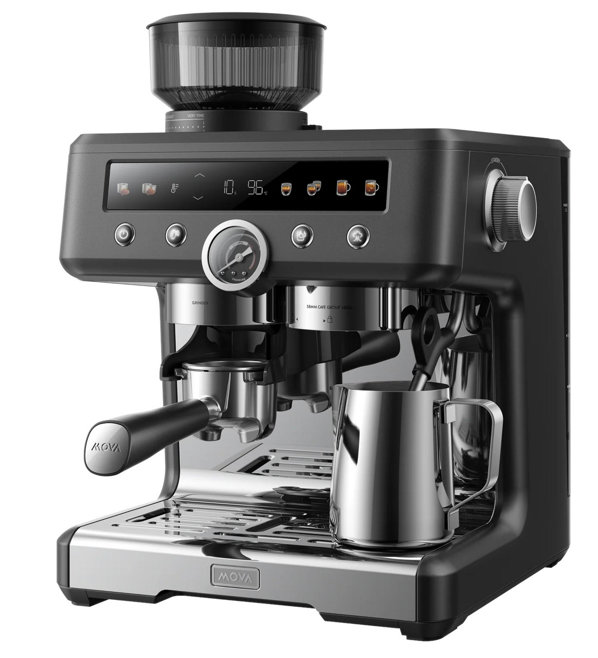 Moderna macchina da caffè nera con macinacaffè integrato, display digitale, manometro e bricco.