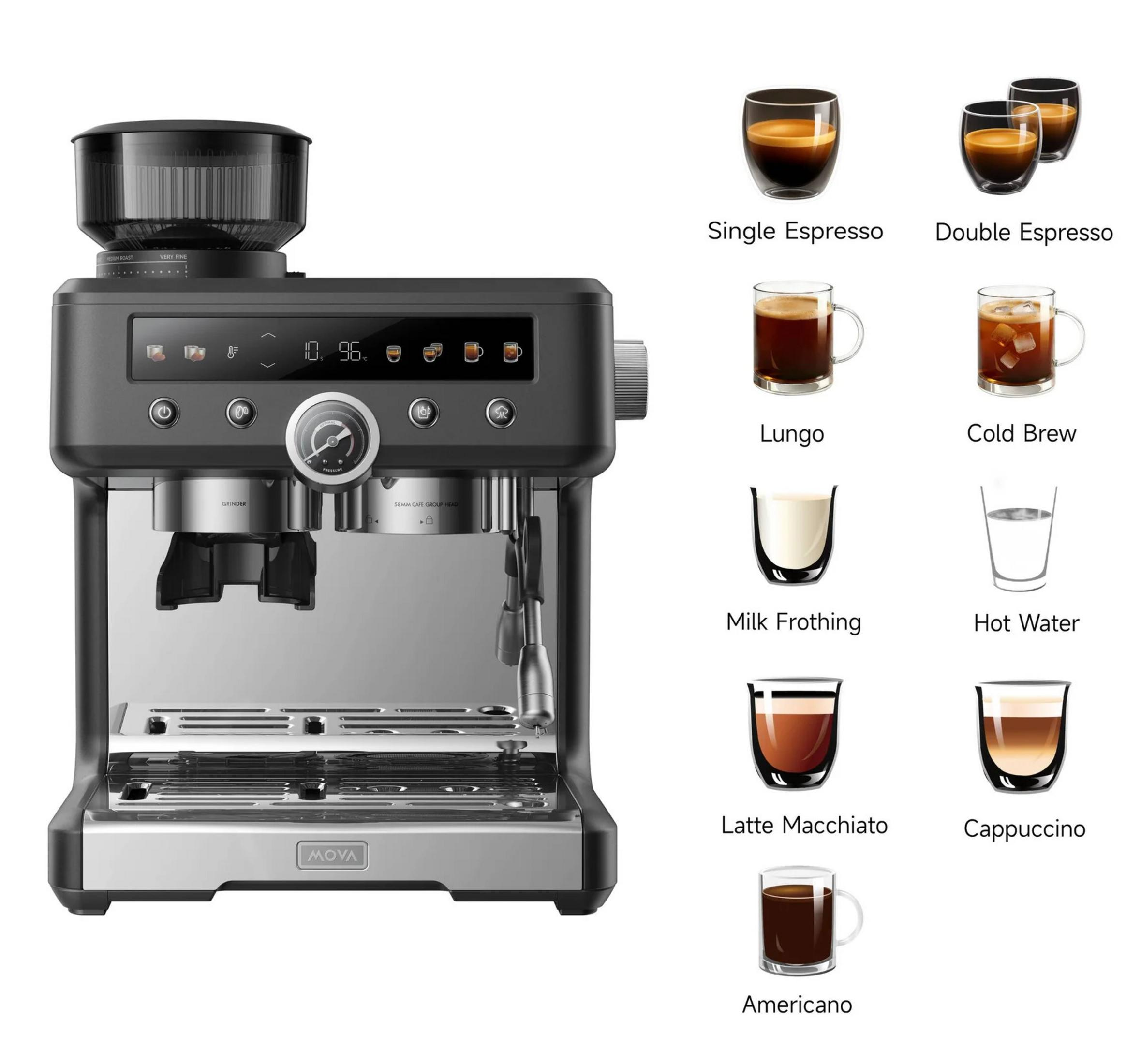 Una macchina da caffè nera con macinacaffè e display, accanto a icone di nove bevande.