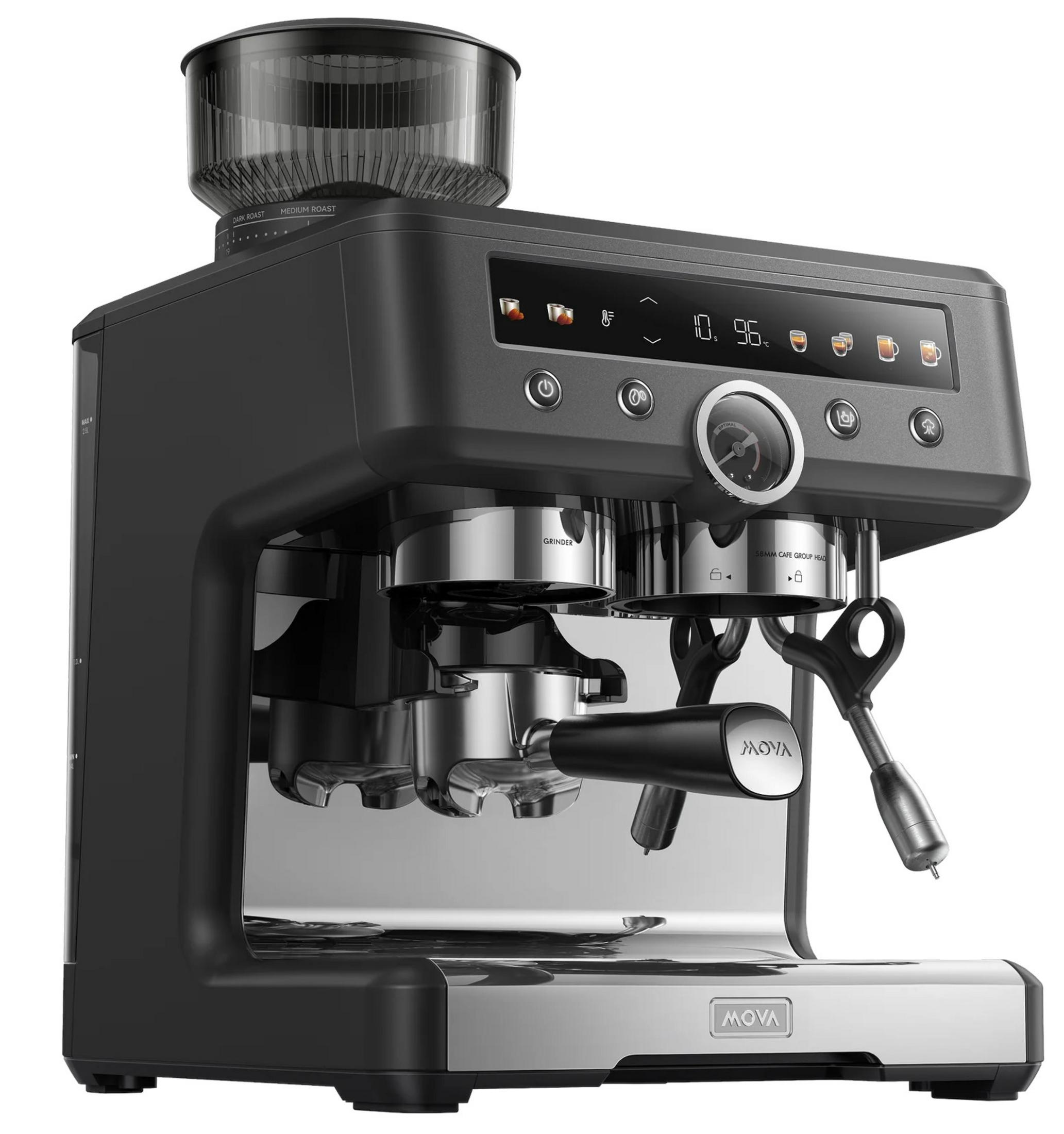Moderna macchina da caffè espresso nera con macinacaffè integrato e display digitale su sfondo bianco.