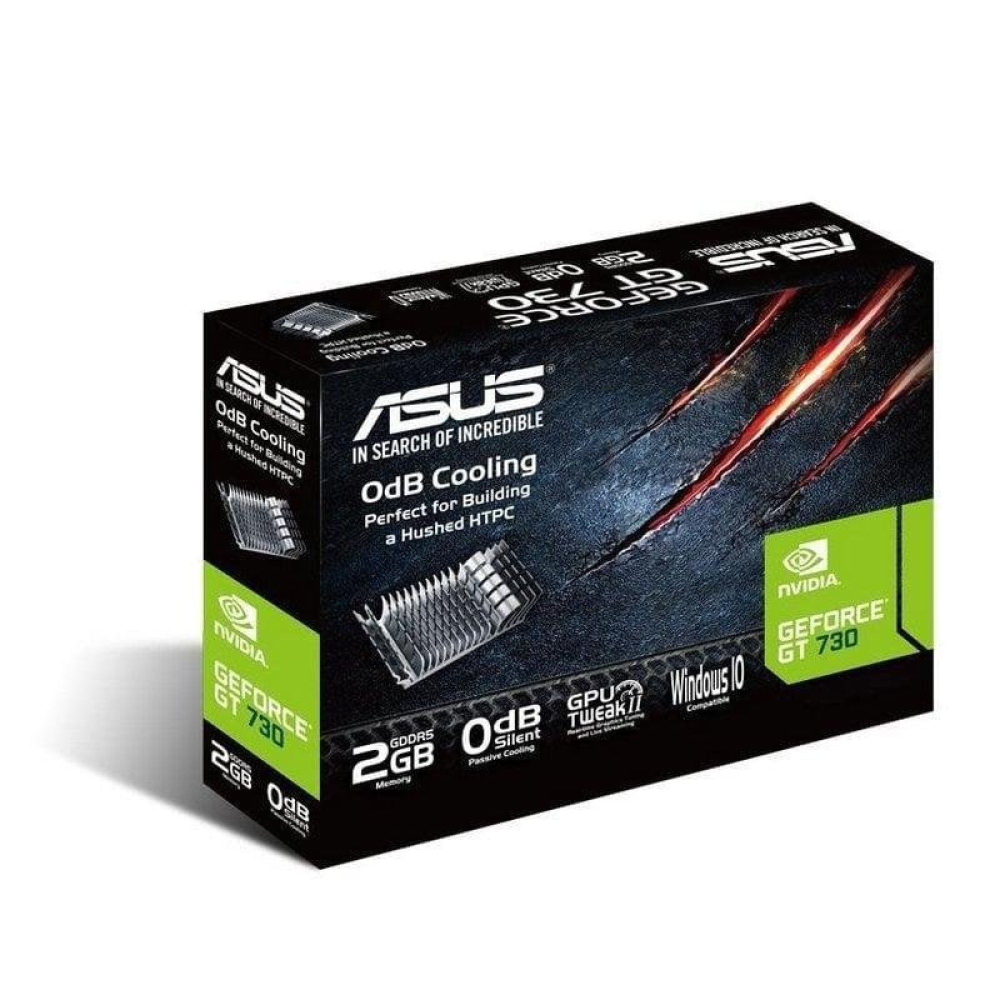 La scheda video ASUS GeForce GT 730 nella sua scatola originale con raffreddamento a 0dB.