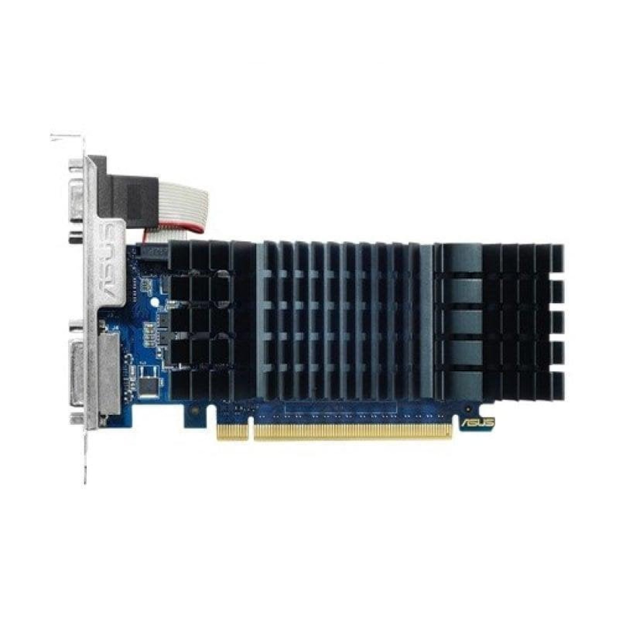 Una scheda grafica ASUS blu con un grande dissipatore nero e pin dorati su sfondo bianco.