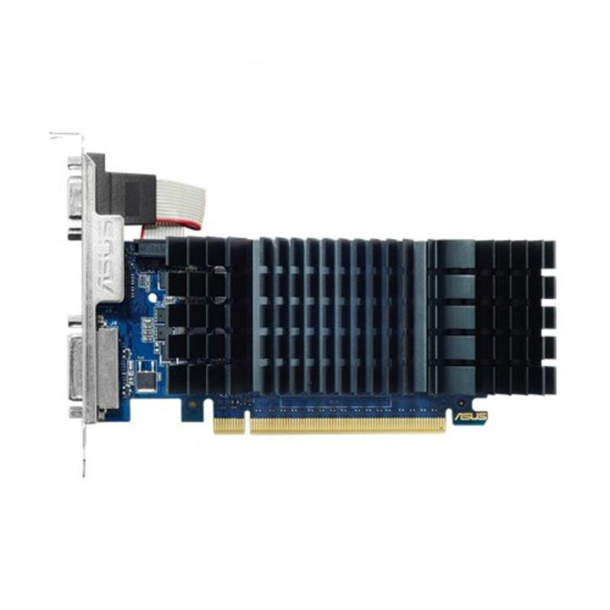 Una scheda grafica ASUS blu con un grande dissipatore nero su sfondo bianco.