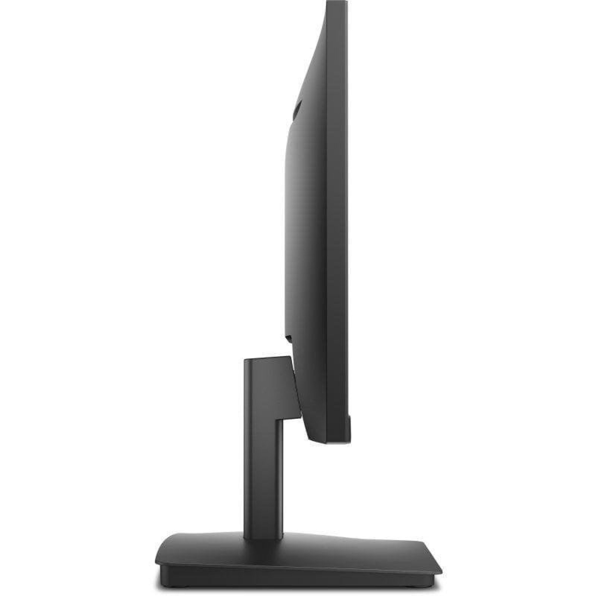 Vista laterale di un moderno monitor nero per computer con supporto sottile su sfondo bianco.